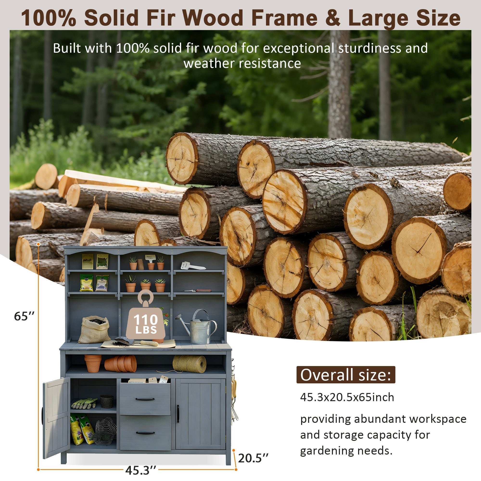 TOPMAX Large Fir Wood Potting Bench with Hutch and Storage