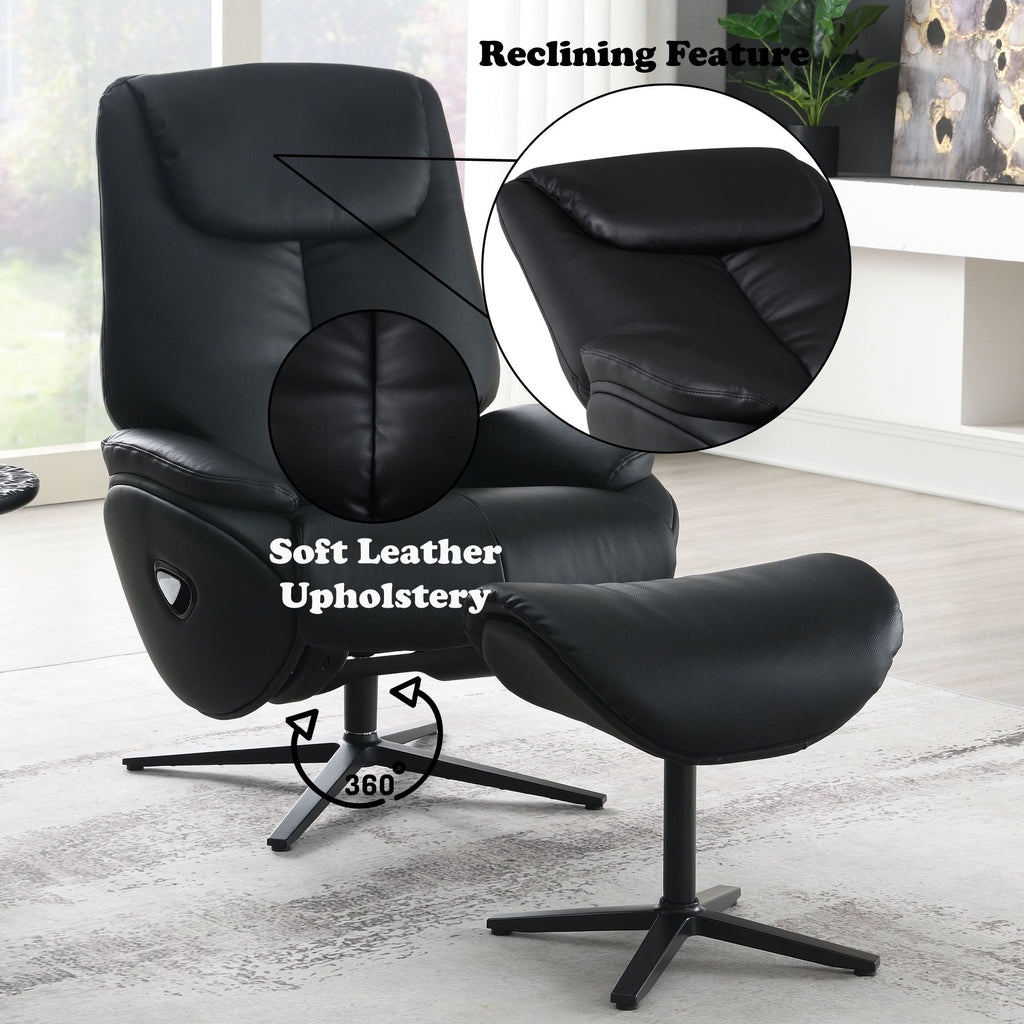 Labotina Top Grain Leather Accent Chair With Swivel & Ottoman - Black
