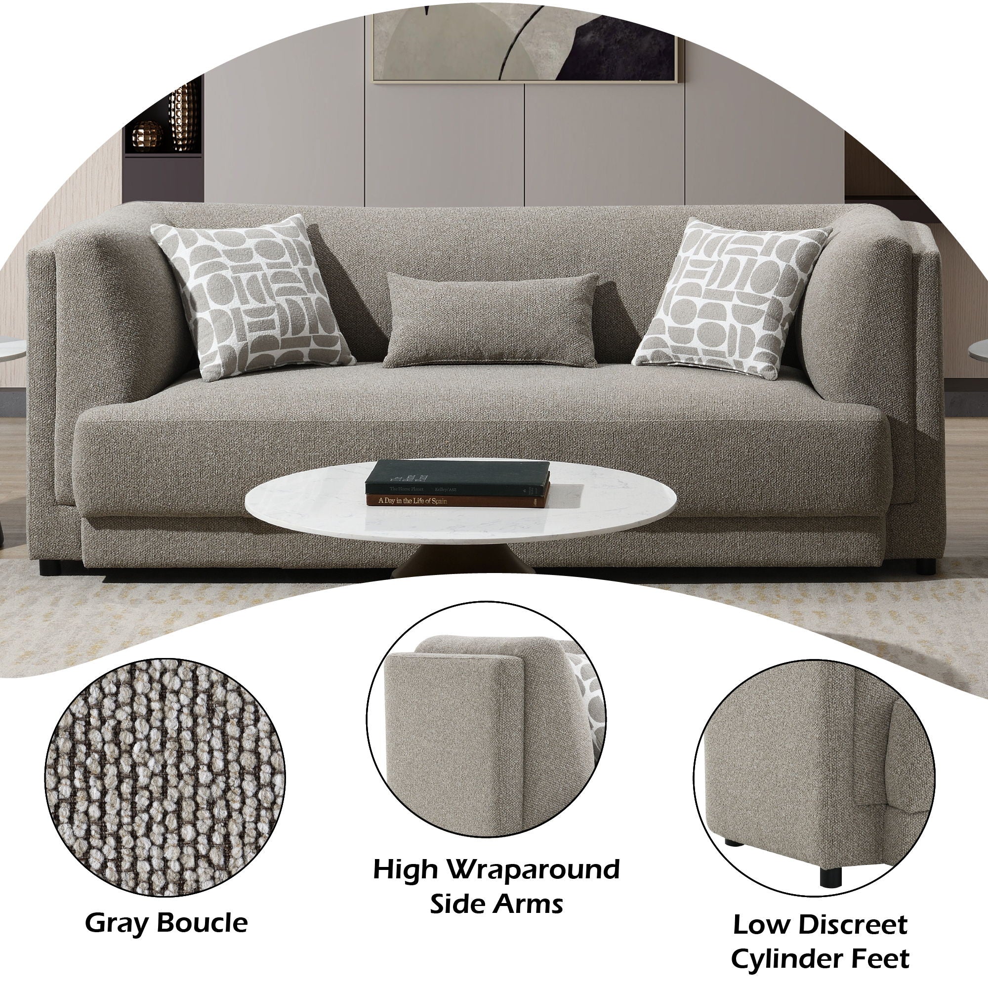 Glenda - Sofa With 3 Pillows - Gray