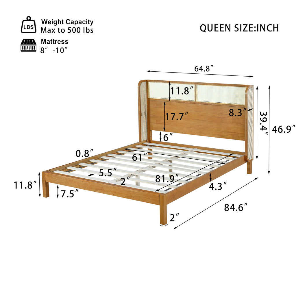 Premium Rubber Wood Platform Queen Bed Frame with Headboard