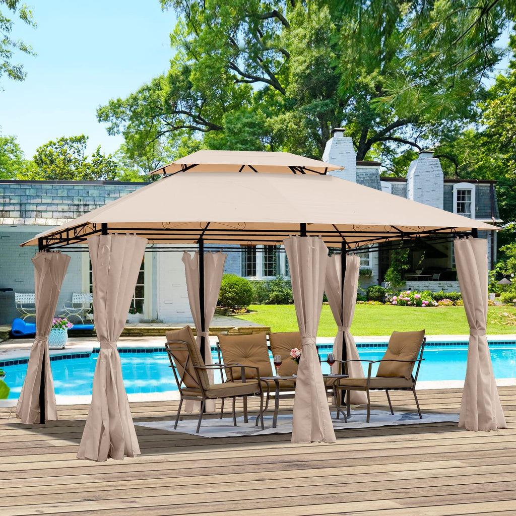 Khaki Outdoor Patio Gazebo Canopy Tent with Ventilated Double Roof