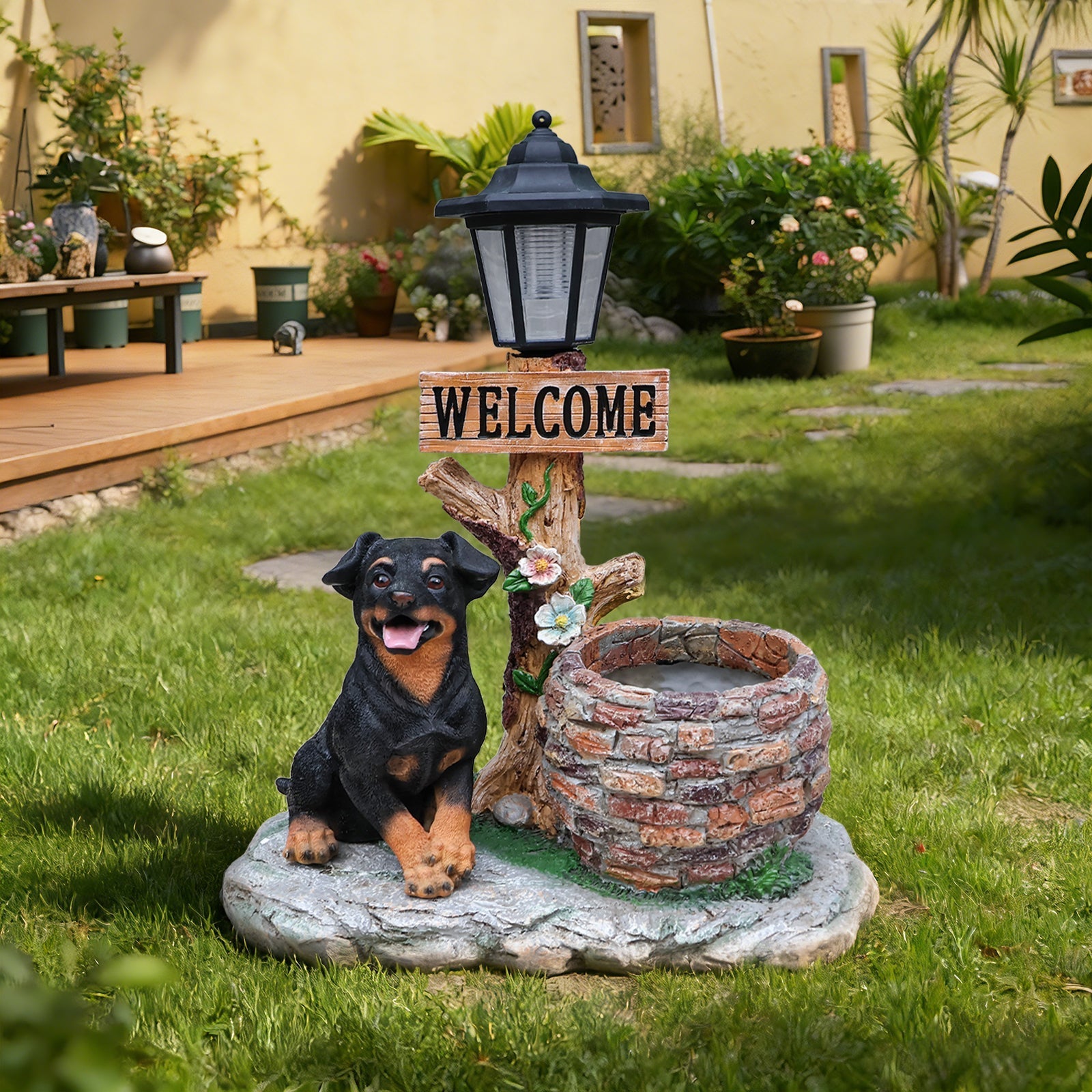Puppy Dog Solar Planter Outdoor Statue