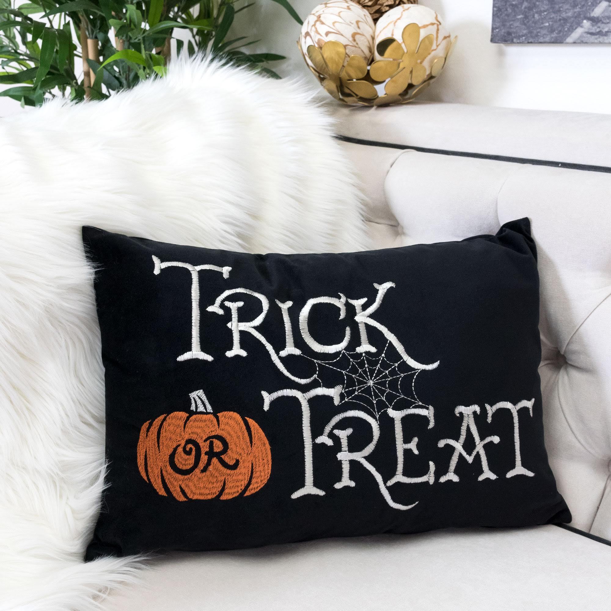 Halloween Lumbar Pillow – Embroidered ‘Trick or Treat’ Black Cushion with Insert