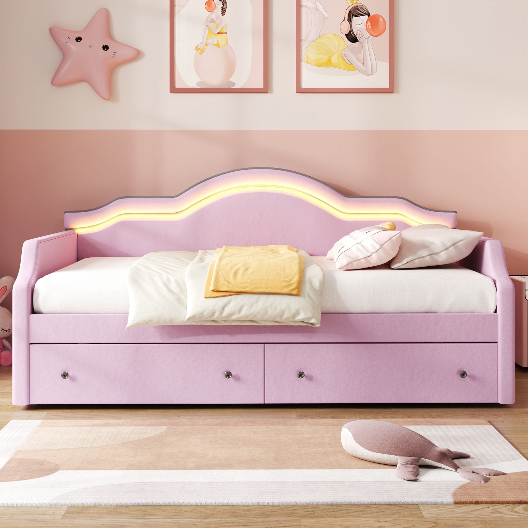 Upholstered Daybed With LED Lights And 2 Drawersme