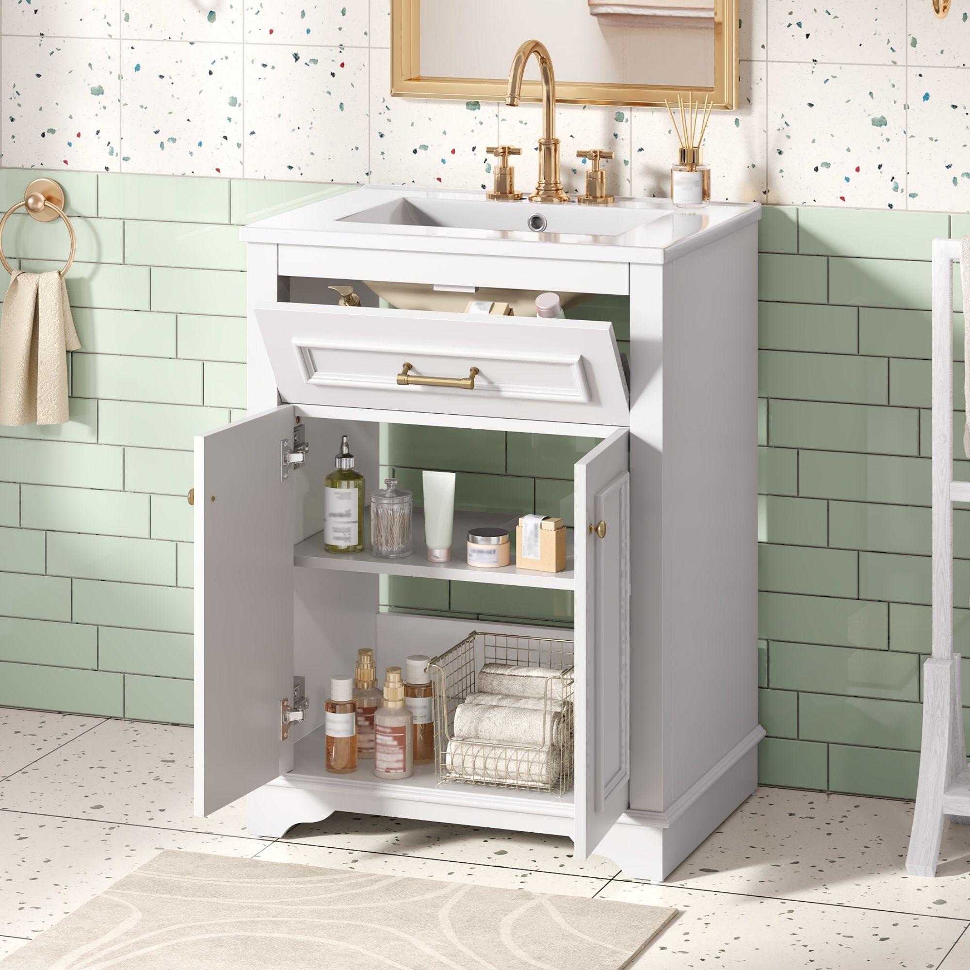 Bathroom Vanity With Integrated Sink, 2 Door Cabinet With Tip Out Drawer