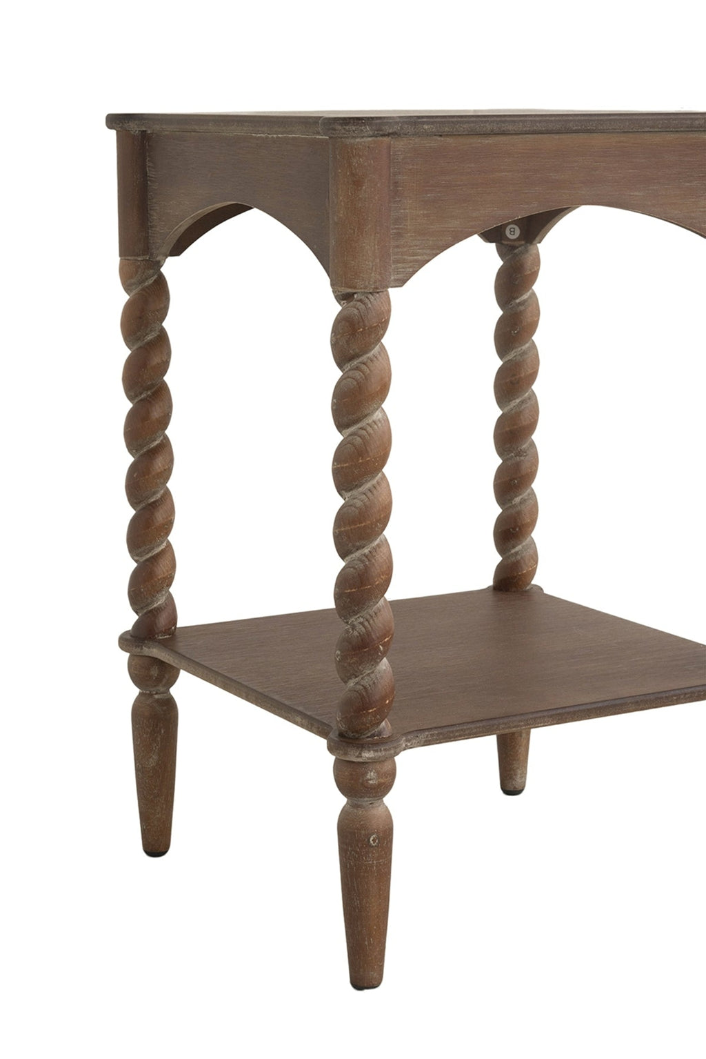 15.5x15.5x23.5' Distressed Brown Wood Side Table with Turned Spiral Legs and Lower Shelf