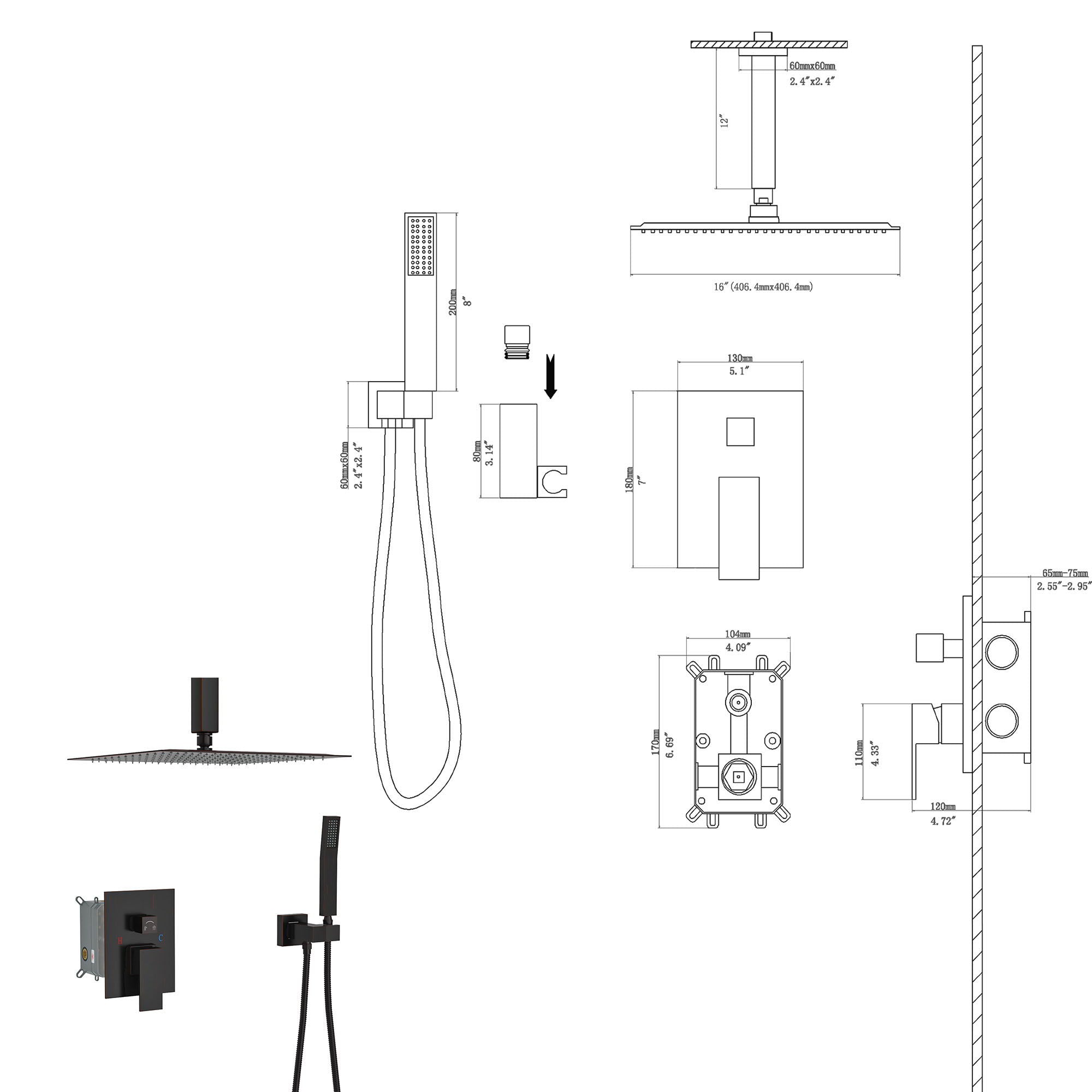 Dual Shower Head 16" Ceiling Mount Square Shower System with Rough In Valve