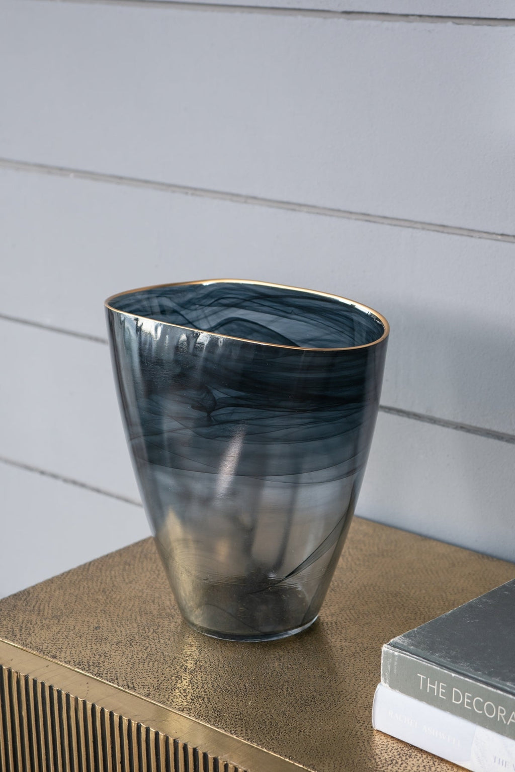 9.3x4.7x9.3' Smokey Black Glass Vase with Gold Rim