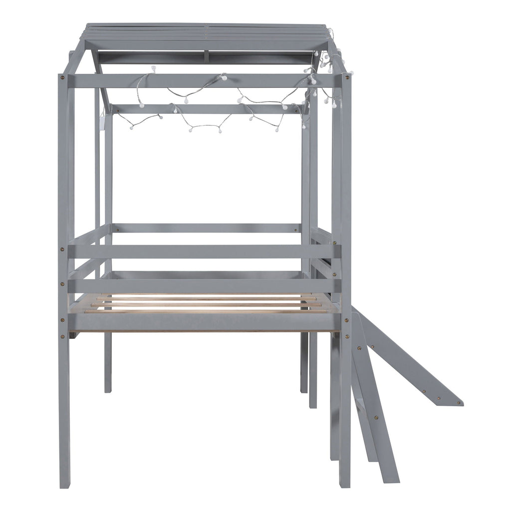 Loft House Bed With Ladder And Slide, With board And Light Strip On The Roof