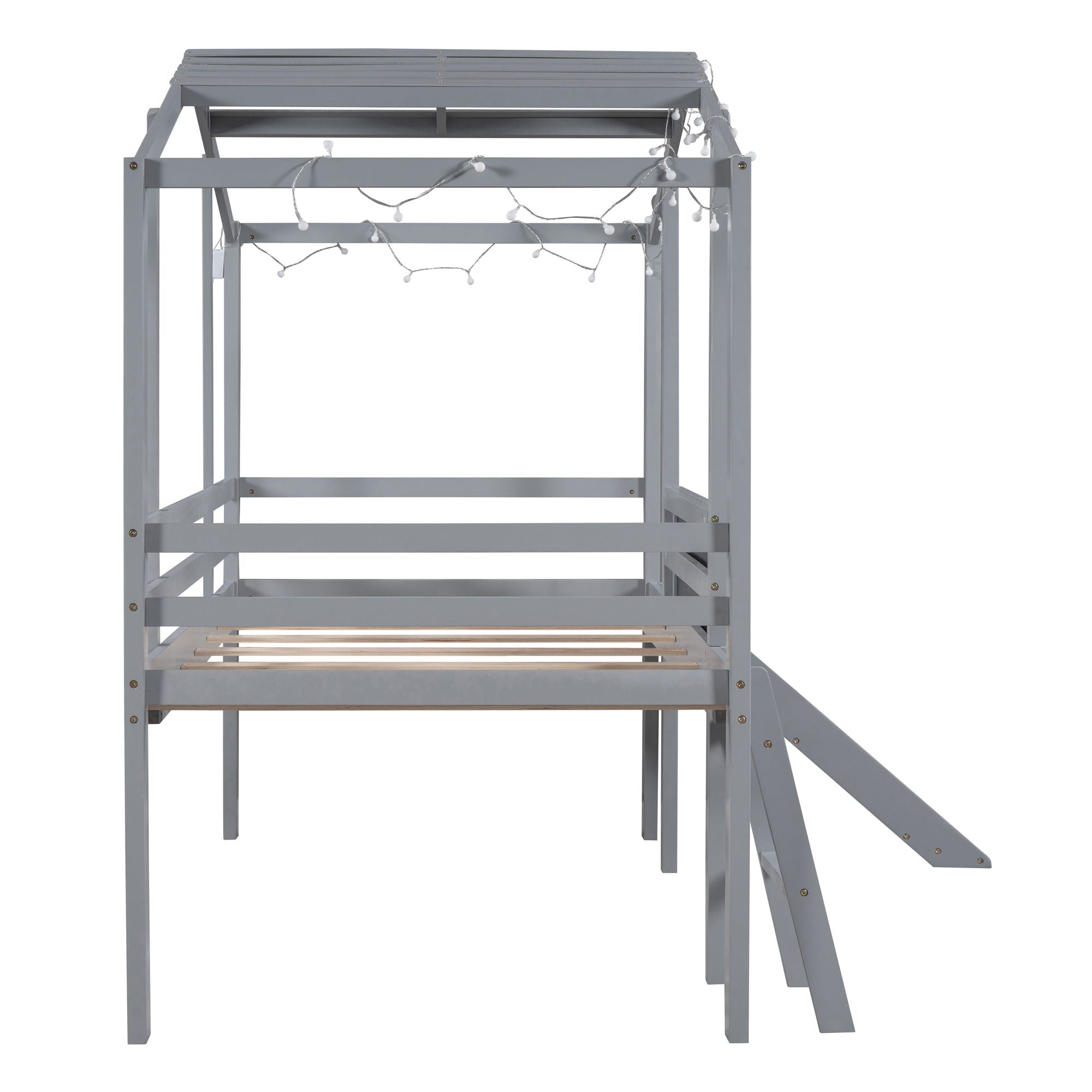 Loft House Bed With Ladder And Slide, With board And Light Strip On The Roof