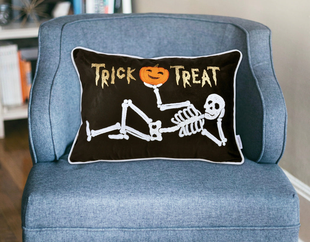 Embroidered Velvet Halloween Skeleton Lumbar Pillow