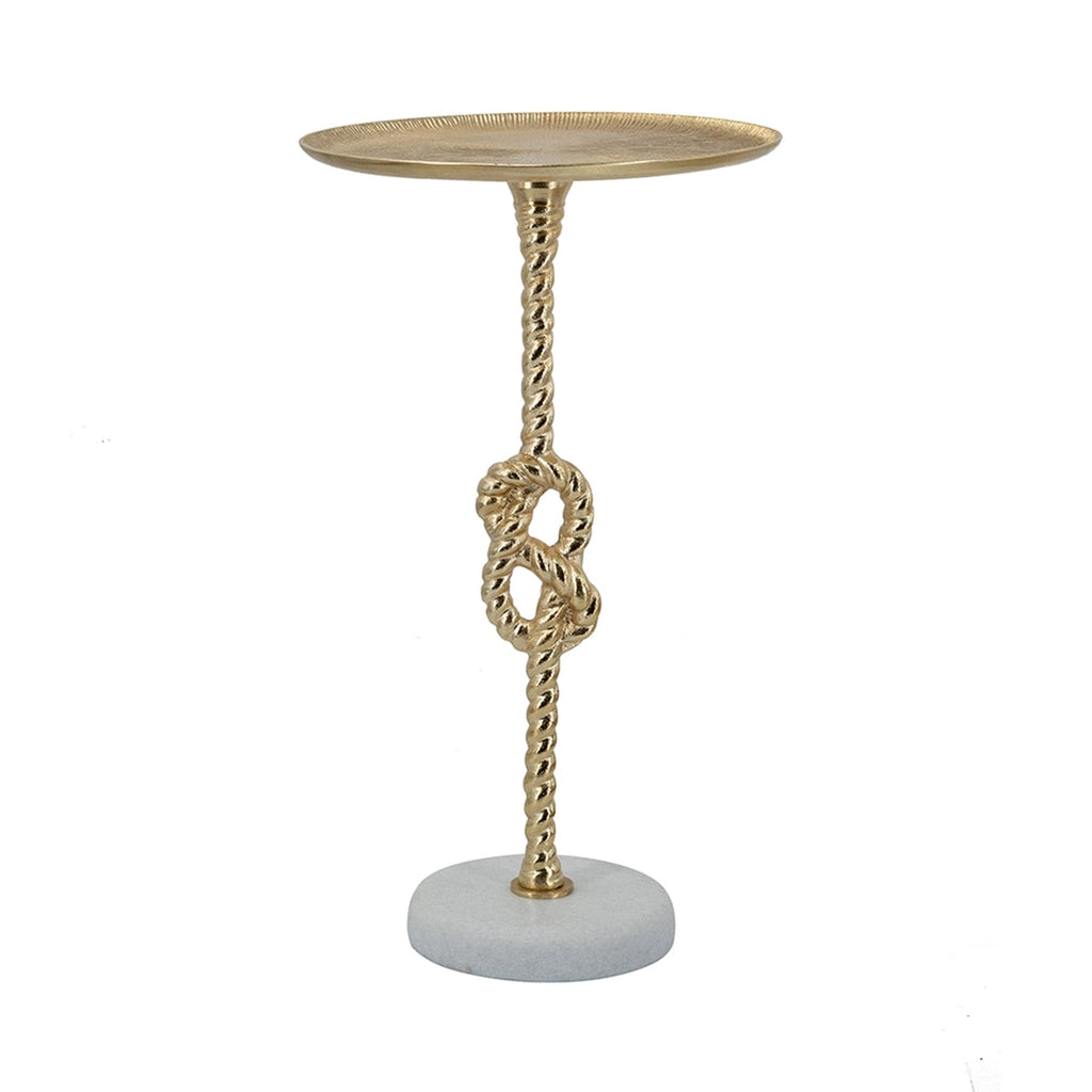 13.8x13.8x24 Gold Side Table with Rope Knot Design and White Marble Base