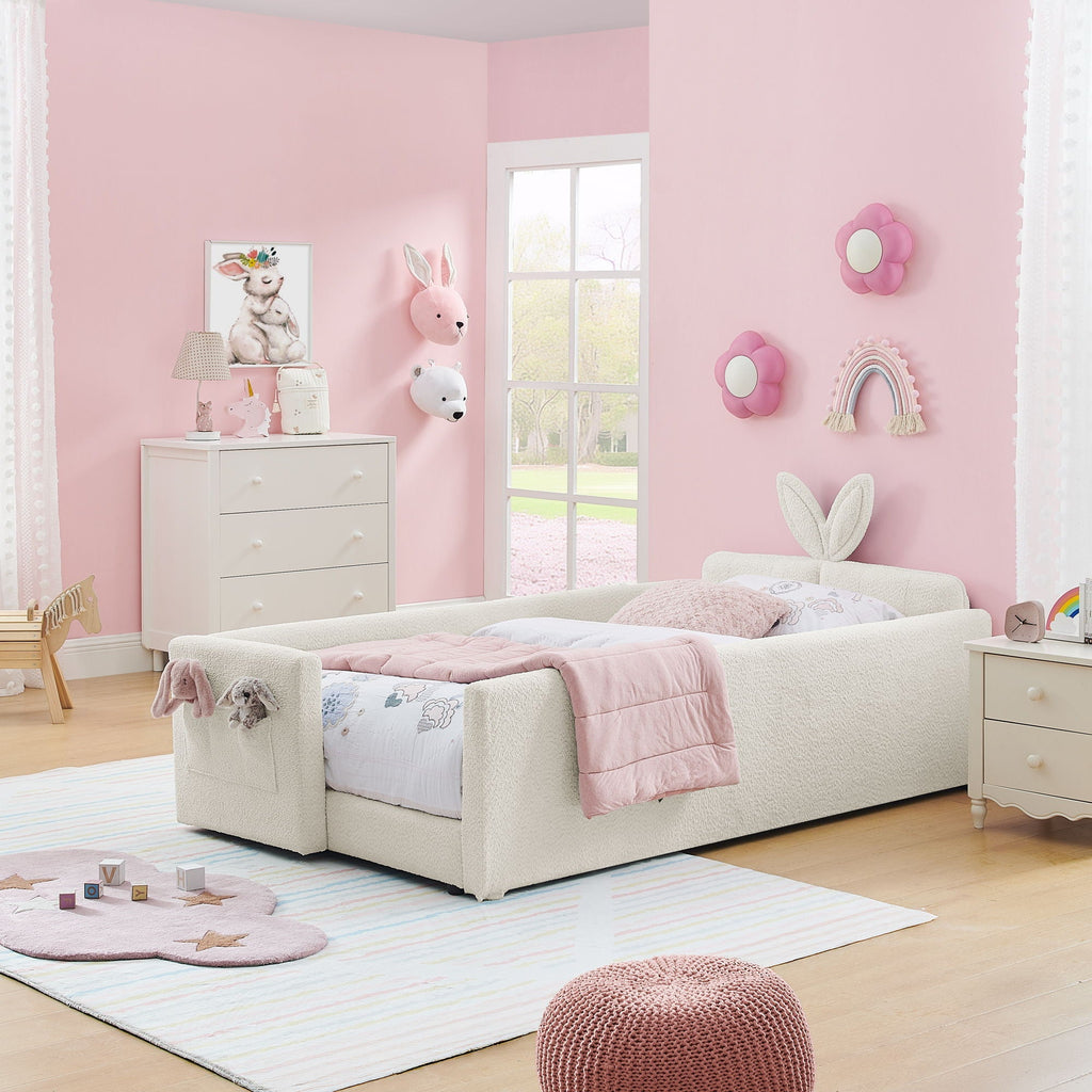 Cute Rabbit Ear Upholstered Platform Bed Frame With Safety Rail