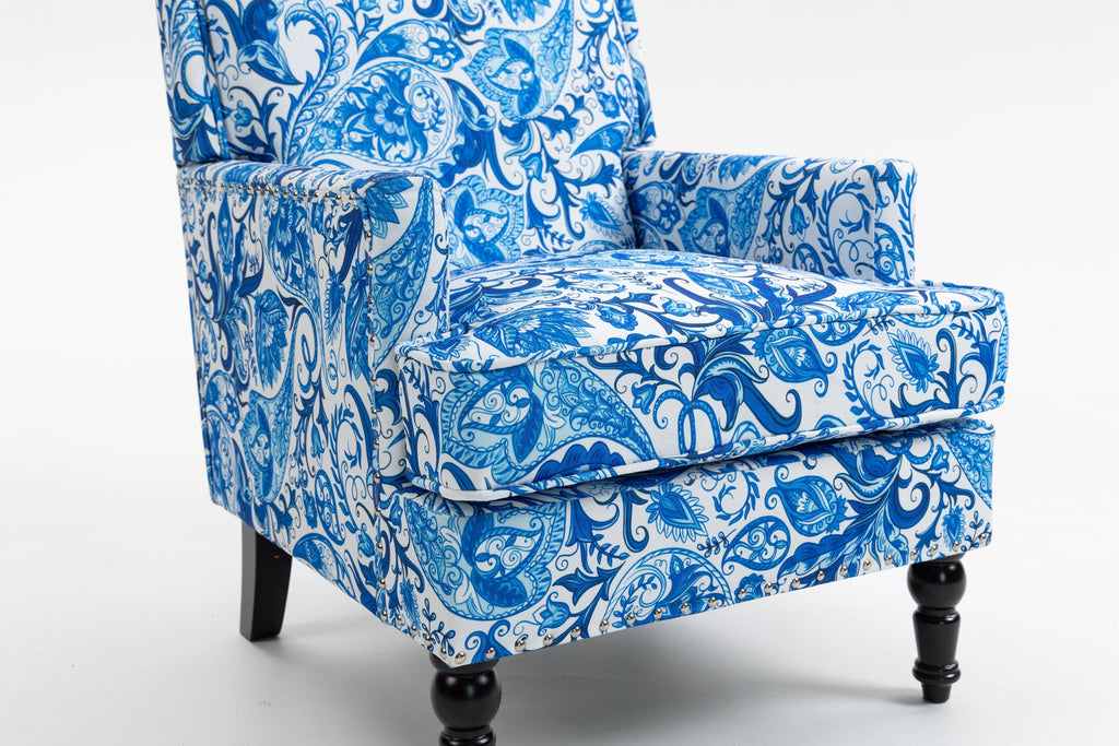 Upholstered Accent Chair with Blue and White Porcelain Print Linen Fabric
