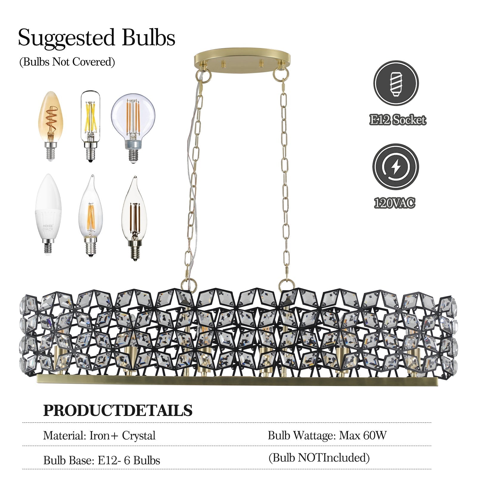 39" Contemporary Crystal and Black-Gold Pendant Chandelier