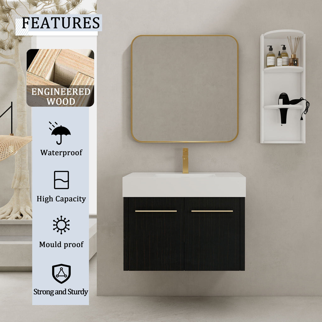 Modern Wall Mounted Bathroom Vanity with Resin Sink and Storage Rack