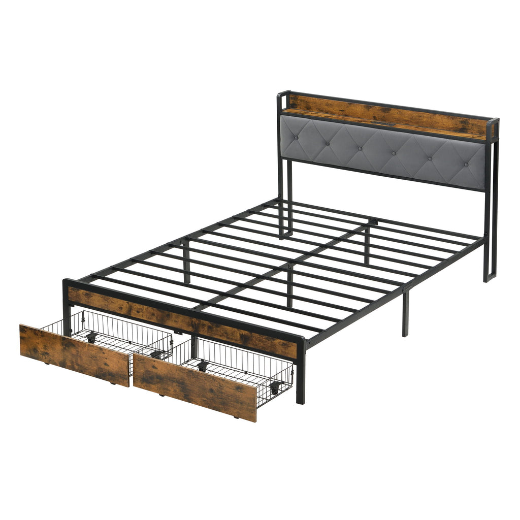 Modern Bed Frame With LED Lights, Upholstered Headboard, USB Charging