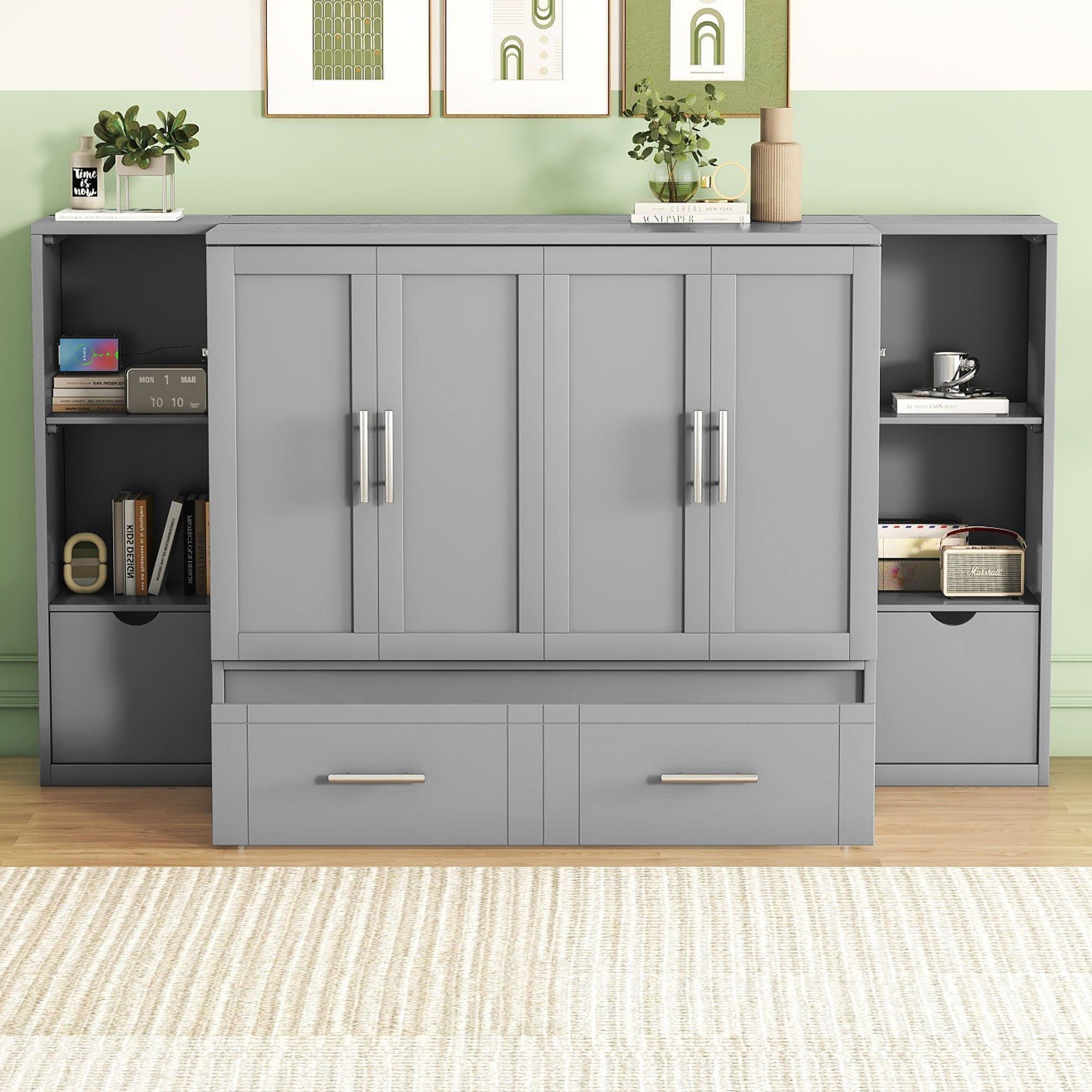 Murphy Bed With Shelves, Drawers And USB Ports
