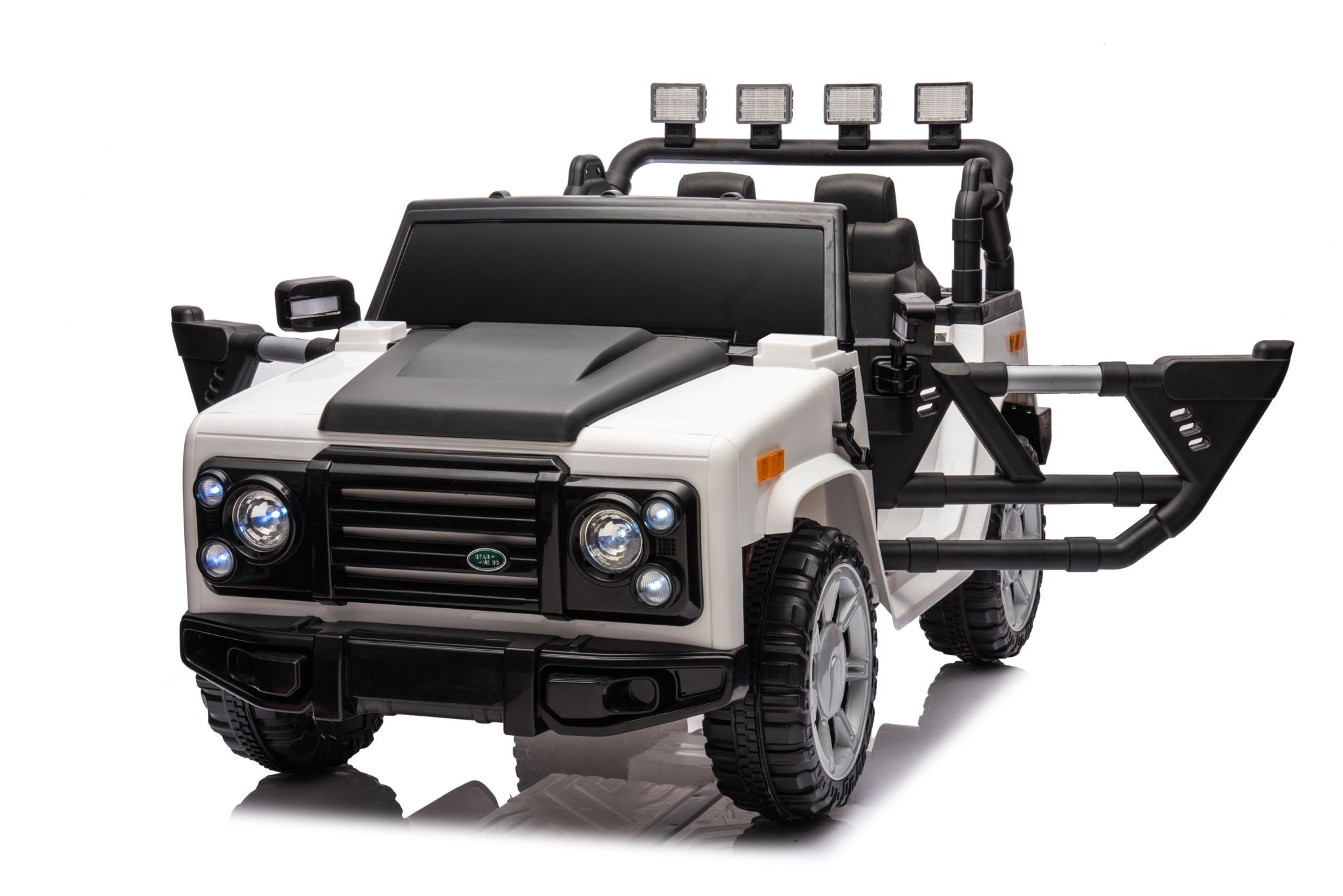 12V7A 30W*2 Four-Wheel Drive Seat One Button Start, Forward And Backward, High And Low Speed, Music, Front Light, Power Display, Two Doors Can Open, 2.4G R / C, Seat Belt Four Wheel Absorber