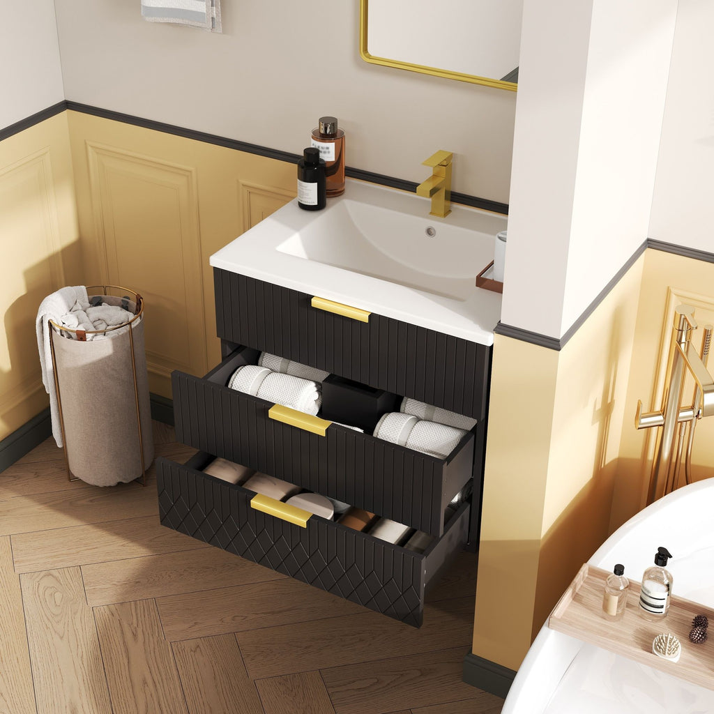 Wall Mounted Floating Cabinet With Double Drawer, Rectangular Sink