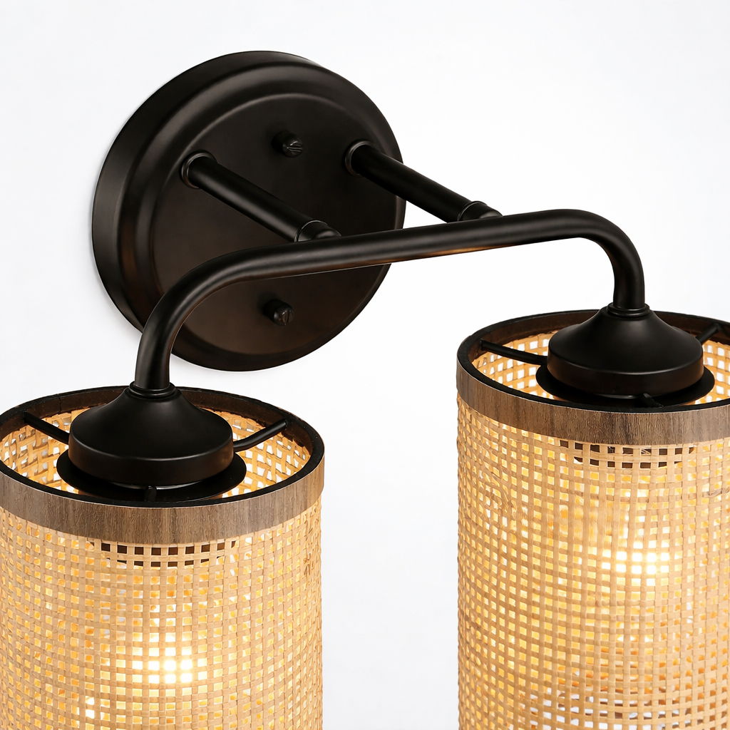 Quell - Double Light Vanity With Natural Shade Wall Lamp - Black / Rattan