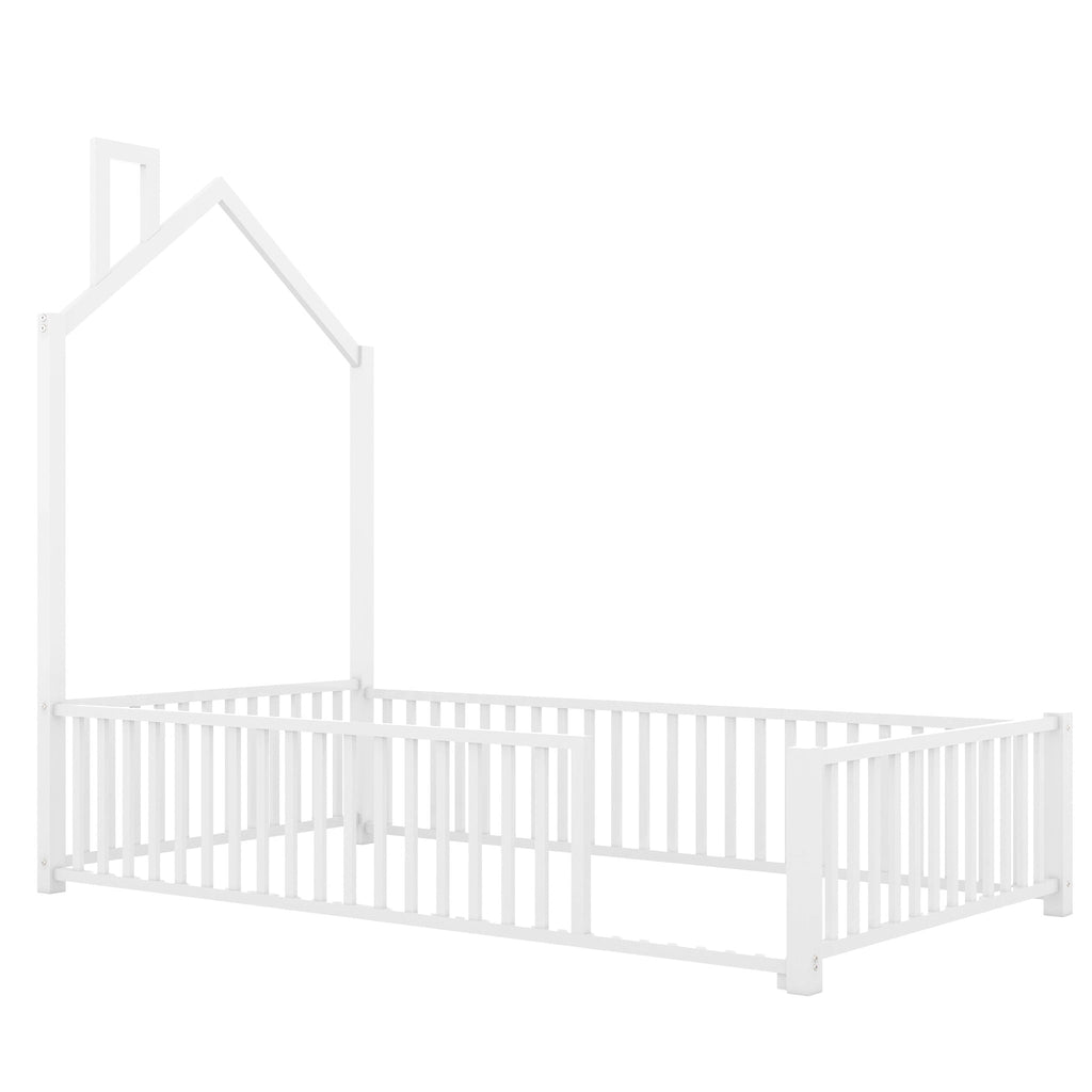 Metal House Platform Bed With Guardrail And Chimney