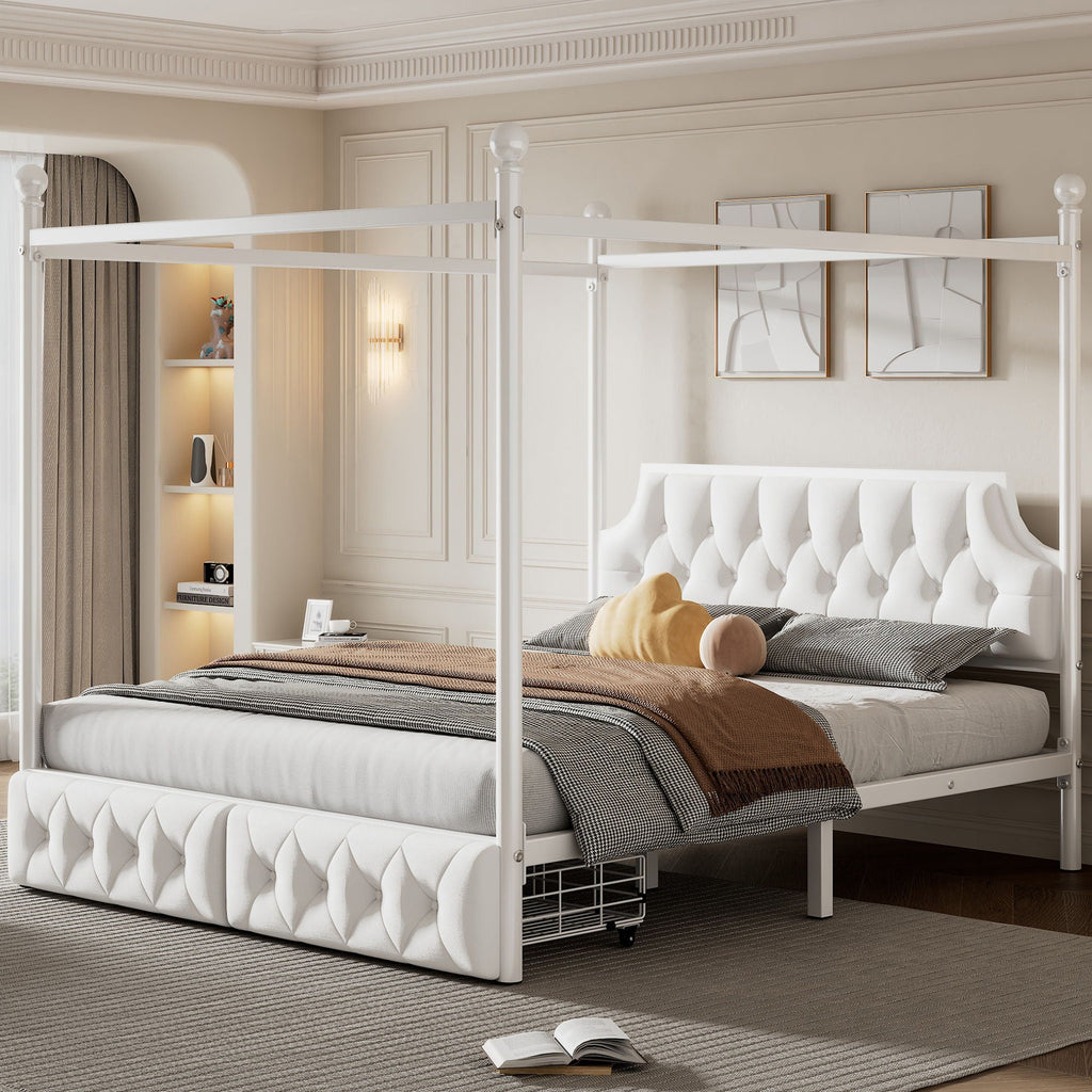 Queen Size Canopy Platform Bed With Upholstered Headboard And 2 Storage Drawers - White