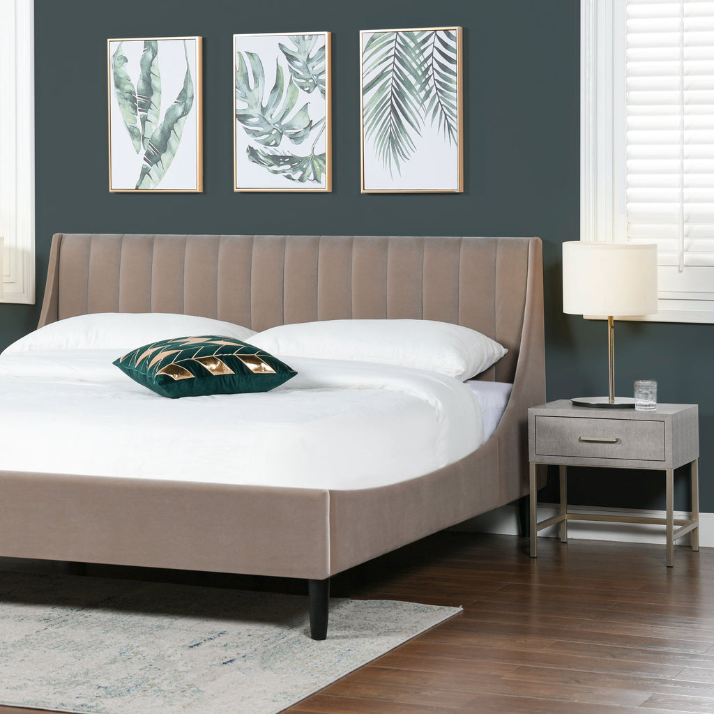 Aspen Vertical Tufted Headboard Platform Bed Set, King, Mink Beige Performance Velvet