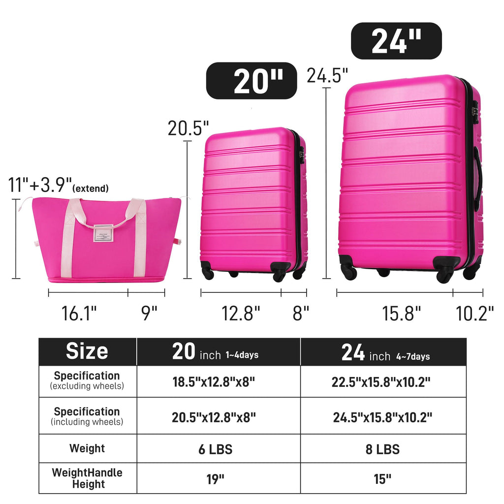 Hardshell Luggage Sets 2 Pieces + Bag Spinner Suitcase With TSA Lock Lightweight - Pink