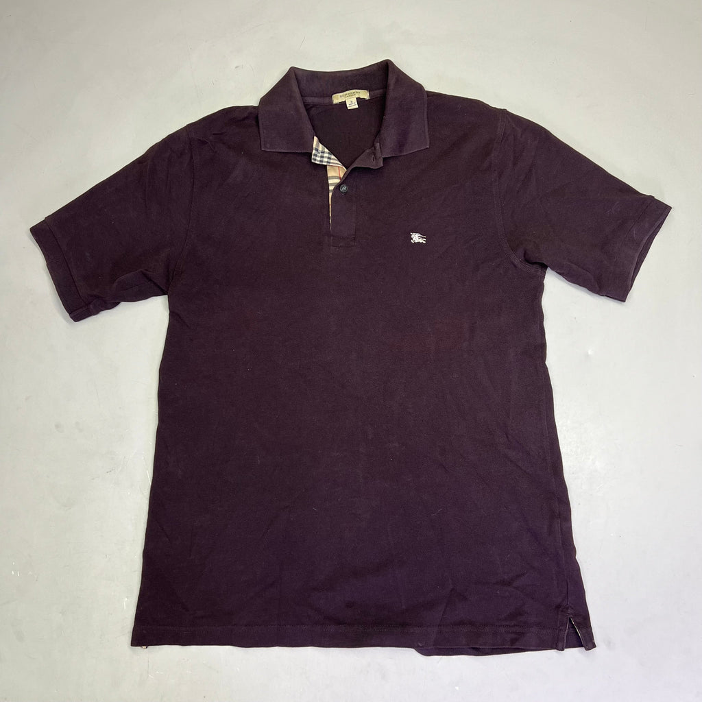 BURBERRY Rib Knit Cotton Polo Shirt w/ Signature Plaid Mens Sz S Brown (Used)