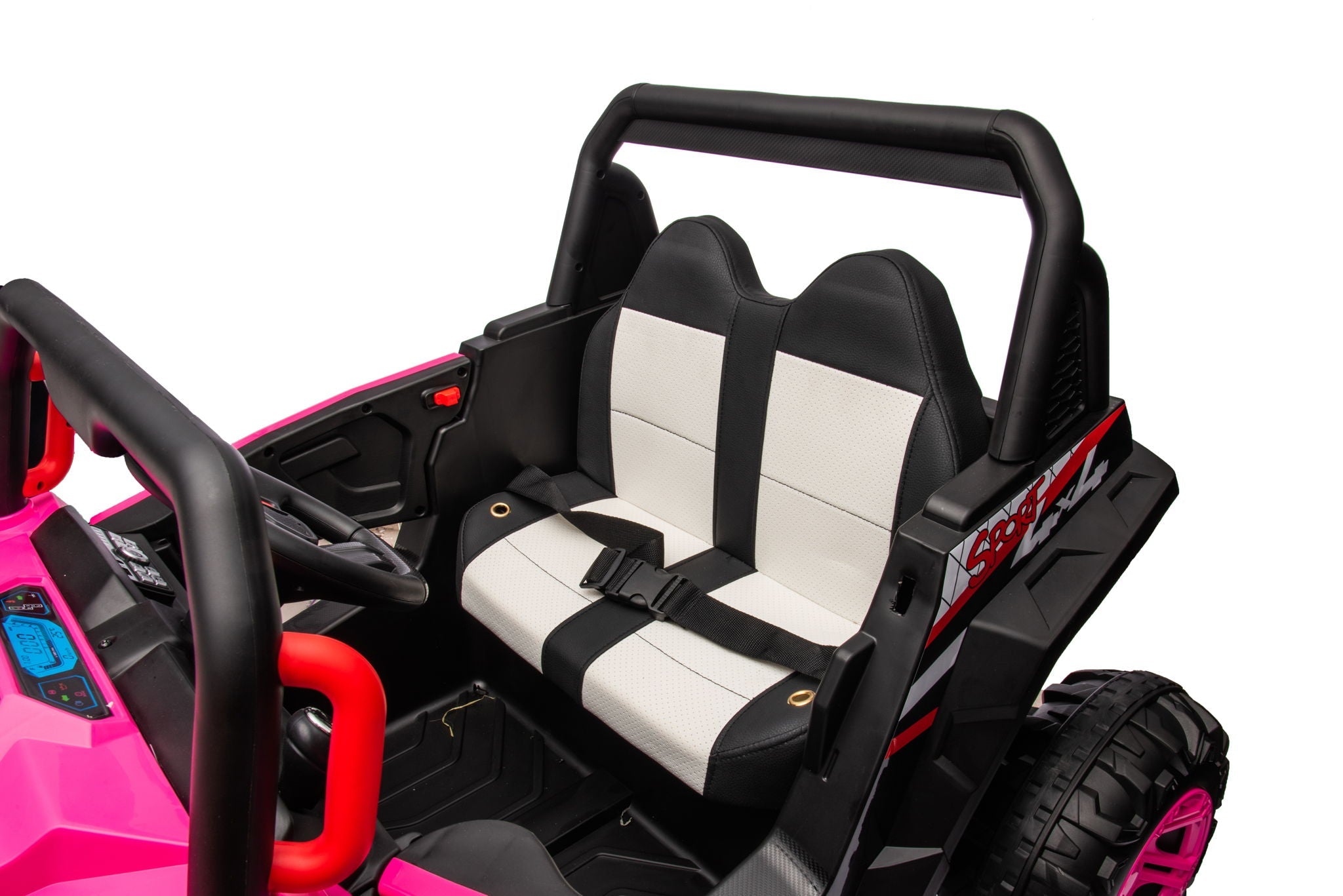 12V7A*1 30W*4 Four-Wheel Drive Seat One Button Start, Forward And Backward, High And Low Speed, Music, Front Light, Power Display, Two Doors Can Open, 2.4G R / C, Seat Belt Four Wheel Absorber