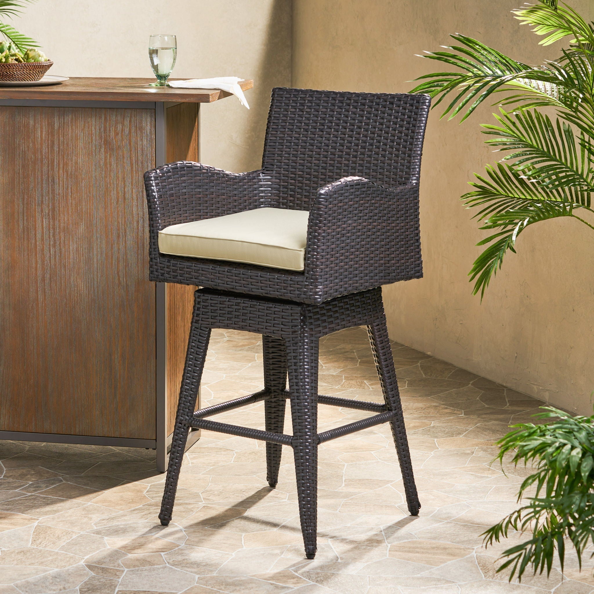 Outdoor Modern Rattan Swivel Barstool with Tapered Legs