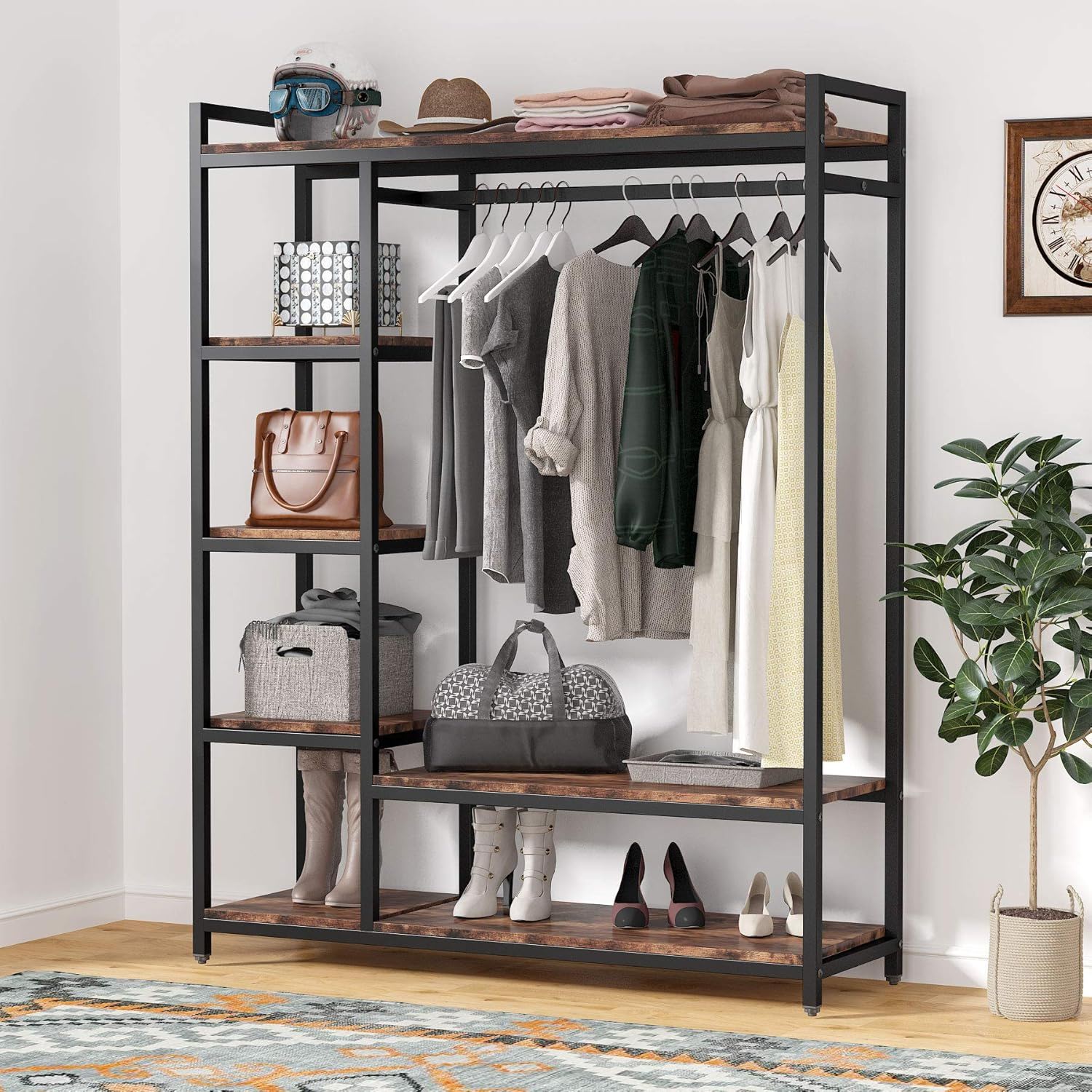 Free Standing Closet Organizer With 6 Shelves And Hanging Bar - Brown / Black