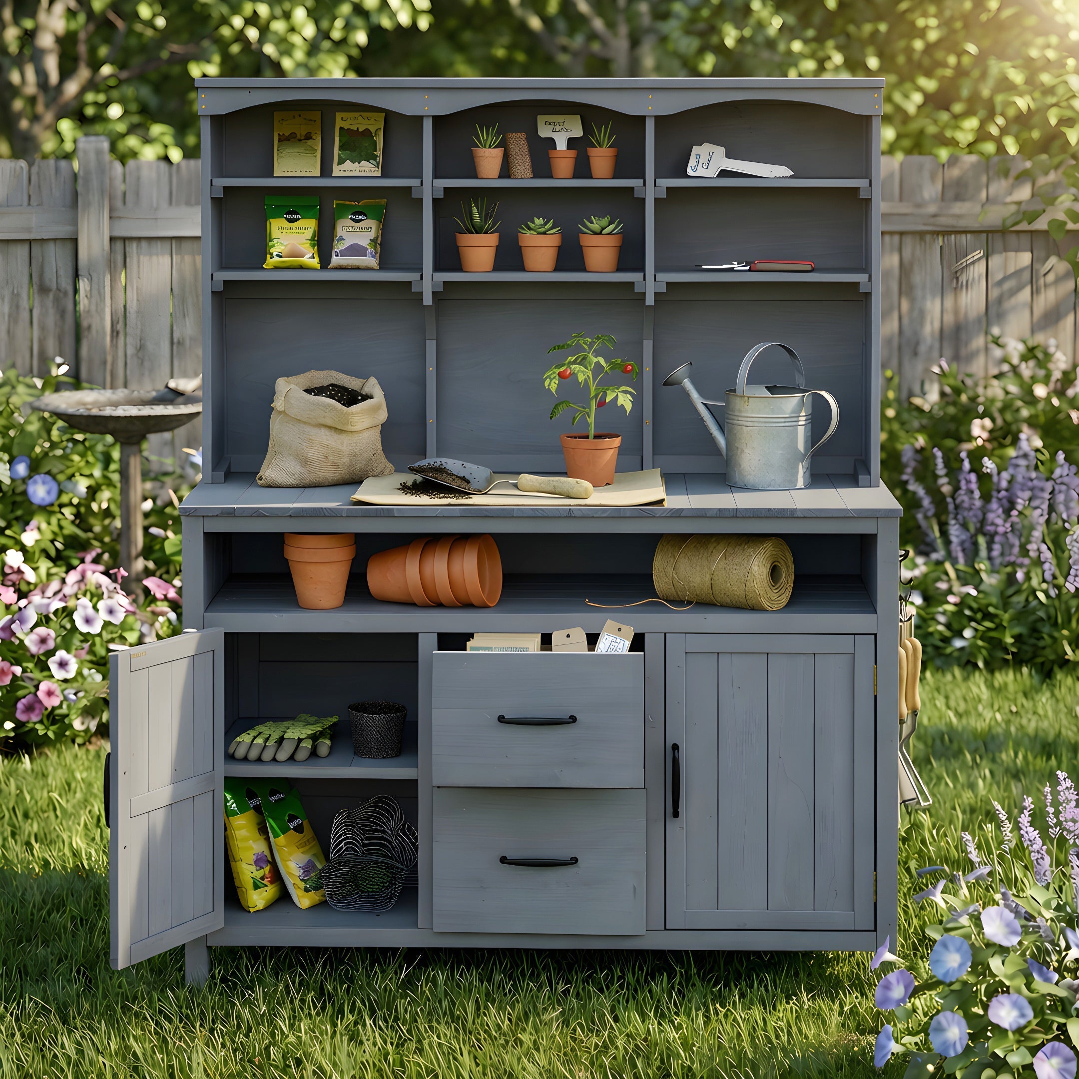 TOPMAX Large Fir Wood Potting Bench with Hutch and Storage