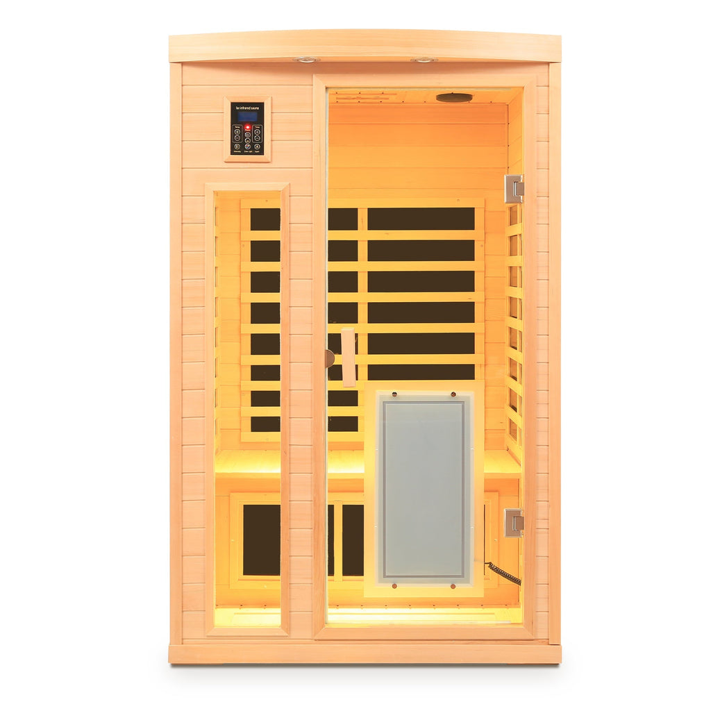 Low EMF, There is also a heating plate on the glass door, Hemlock wood Far-infrared indoor Two person sauna room