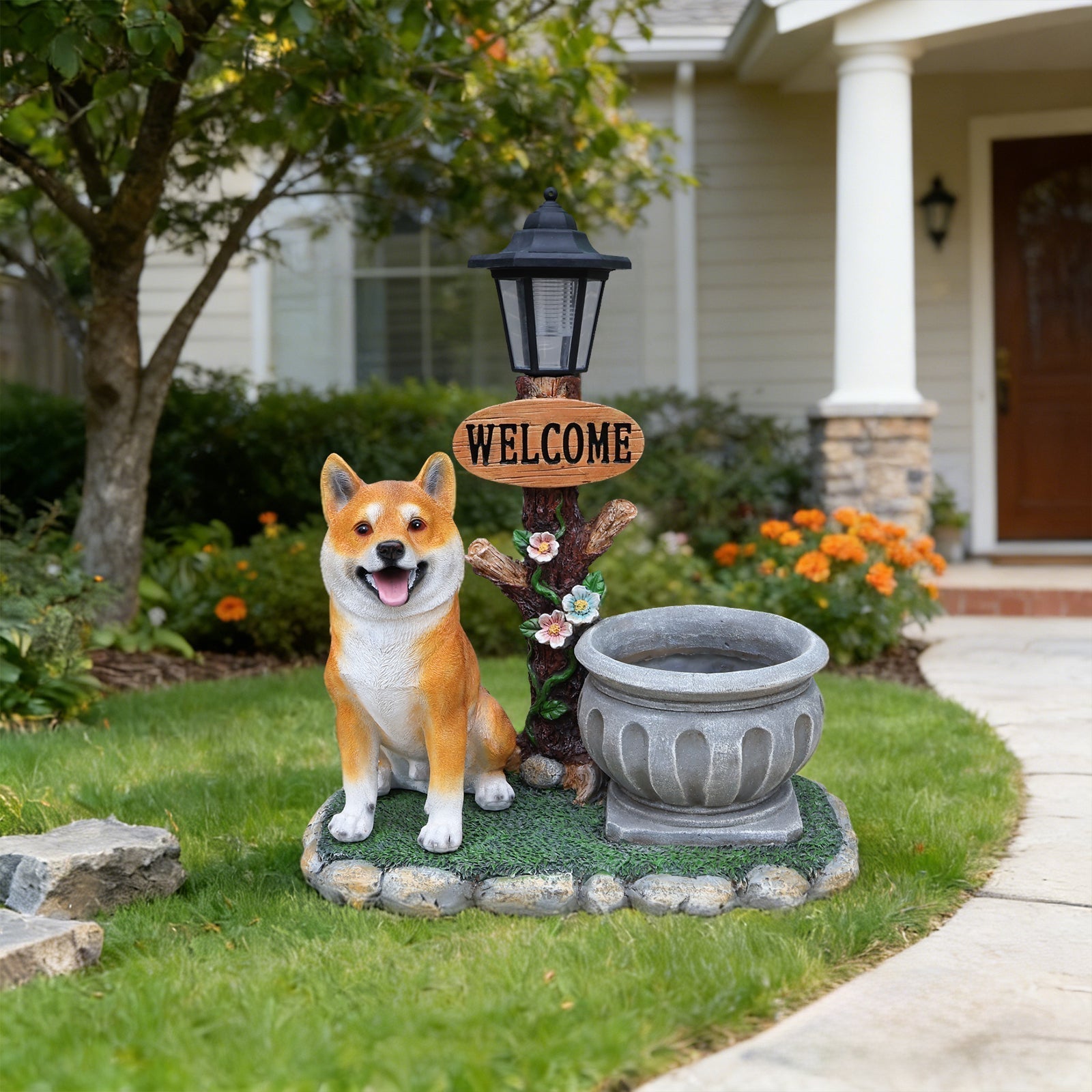 Sitting Akita Dog Planter Garden Decor