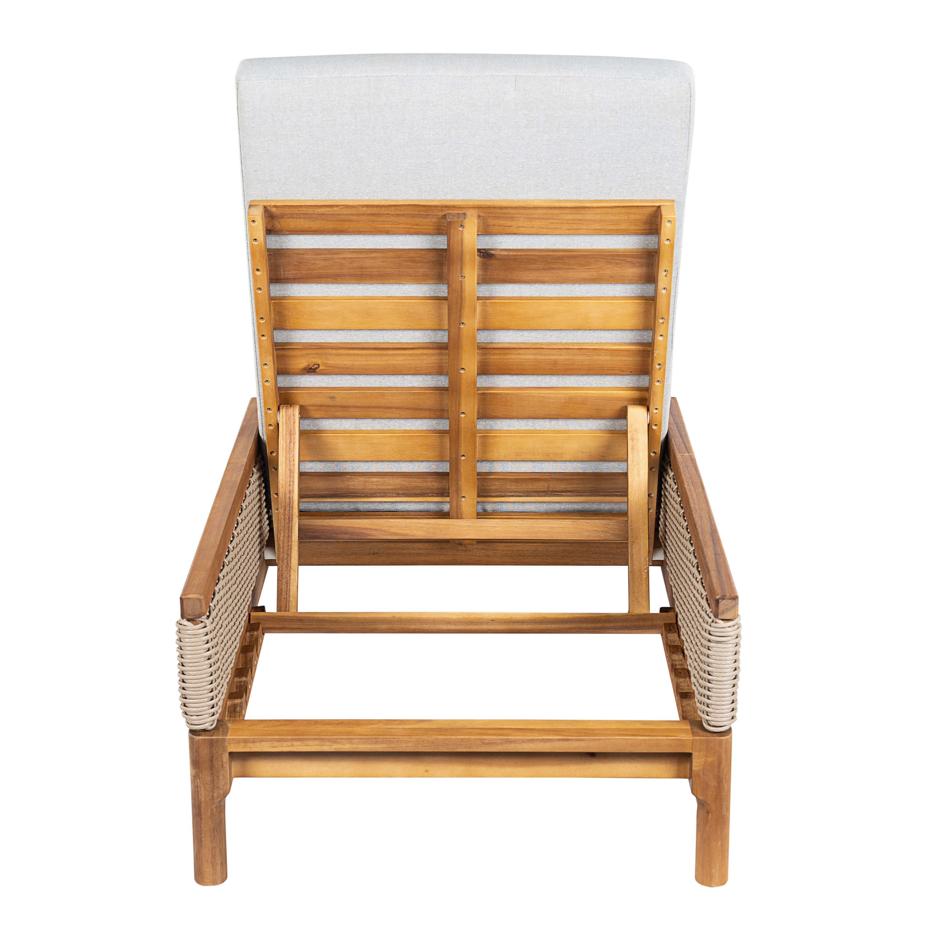 Solid Acacia Wood Sun Lounger with Grey Cushions and Light Grey Wicker