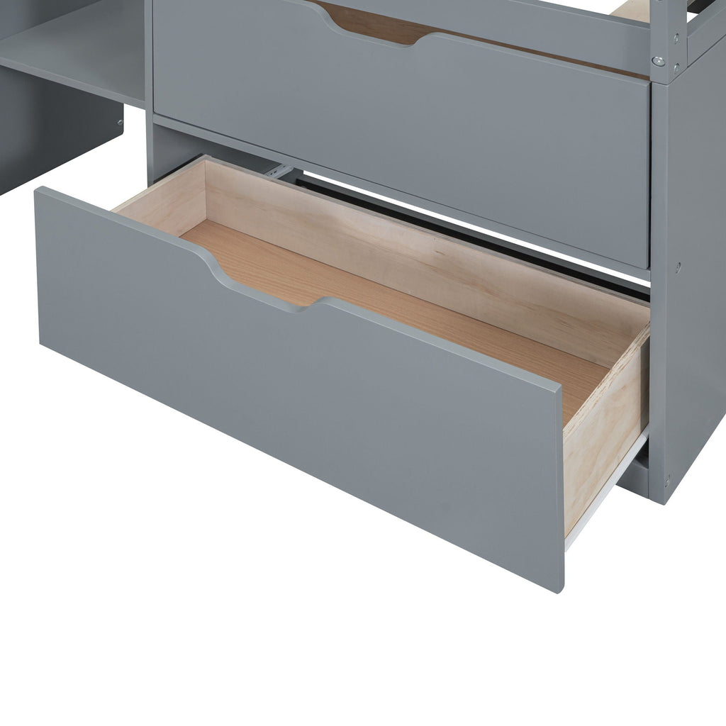 Low Loft Bed With Rolling Desk, Shelf And Drawers