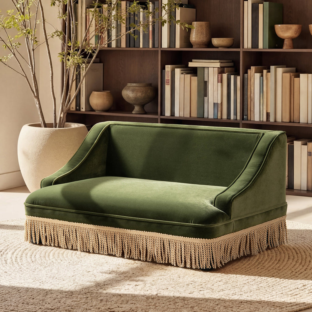 Duchess 33' Medium Princess Pet Bed Sofa with Fringe Skirt, Olive Green Velvet
