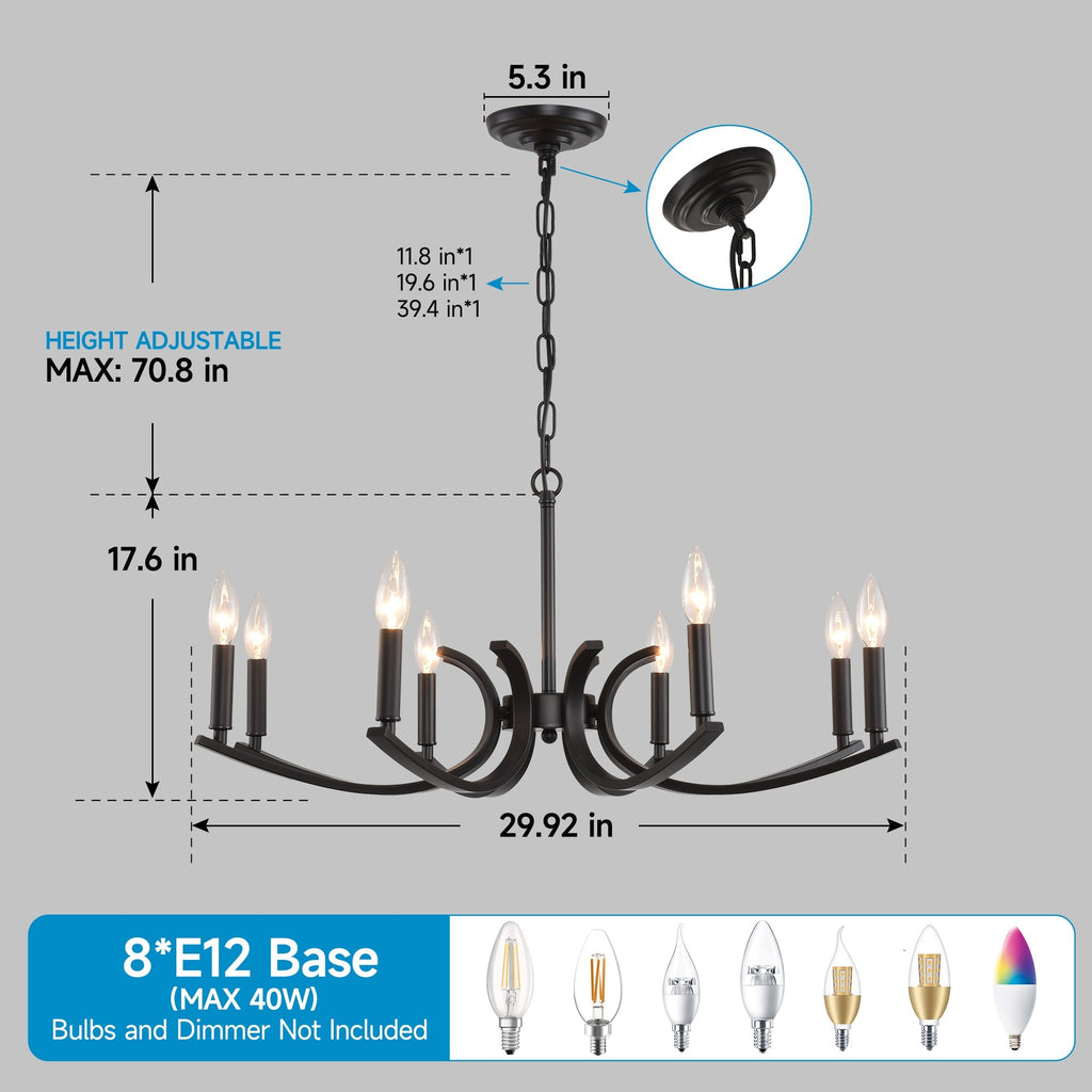 8-Light Farmhouse Chandelier, Black Metal