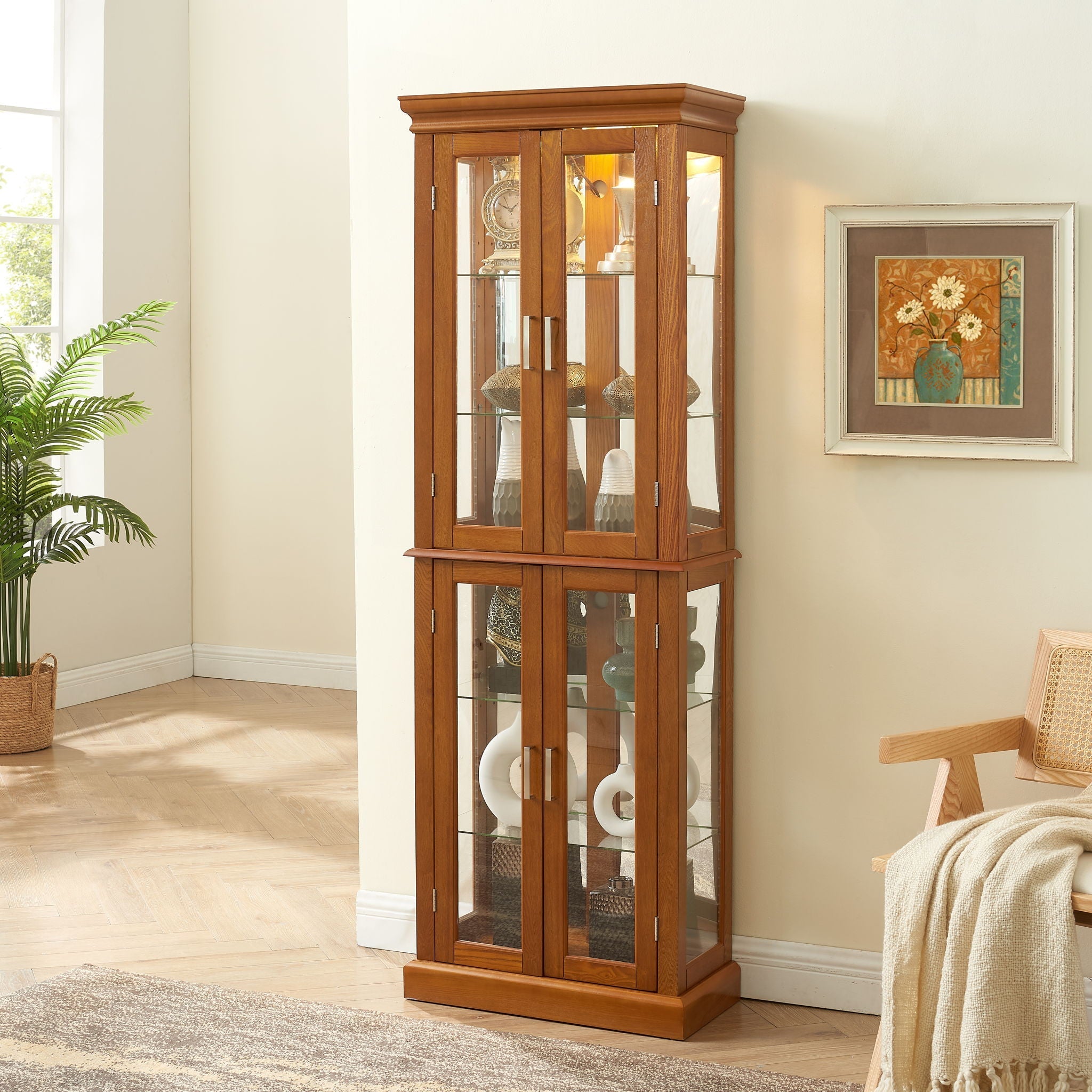 Lighted Curio Cabinet With Adjustable Shelves and Mirrored Back Panel