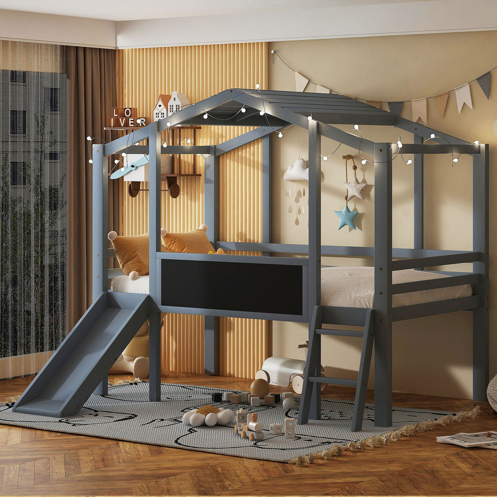 Loft House Bed With Ladder And Slide, With board And Light Strip On The Roof