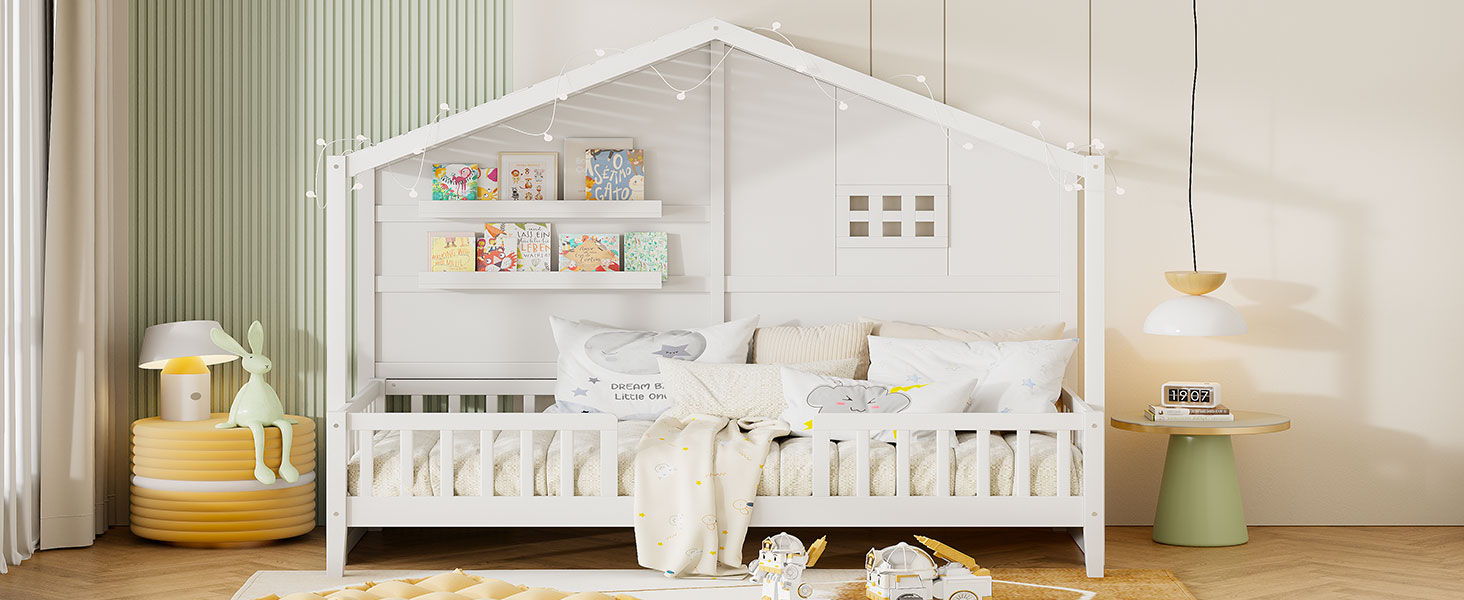 House Bed With Shelves, Window And Sparkling Light Strip On The Roof