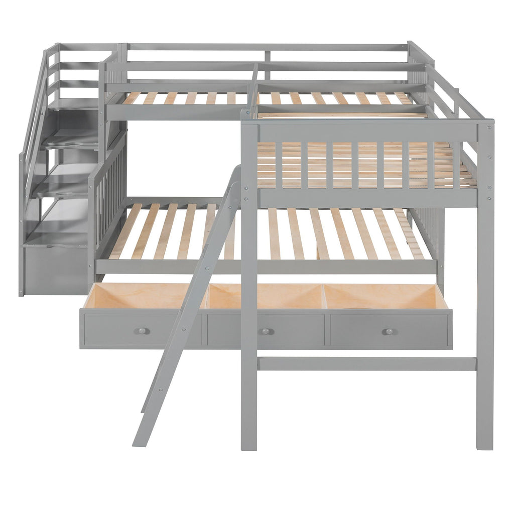 Solid L Shaped Bunk Bed With 3 Drawers, Ladder And Staircase