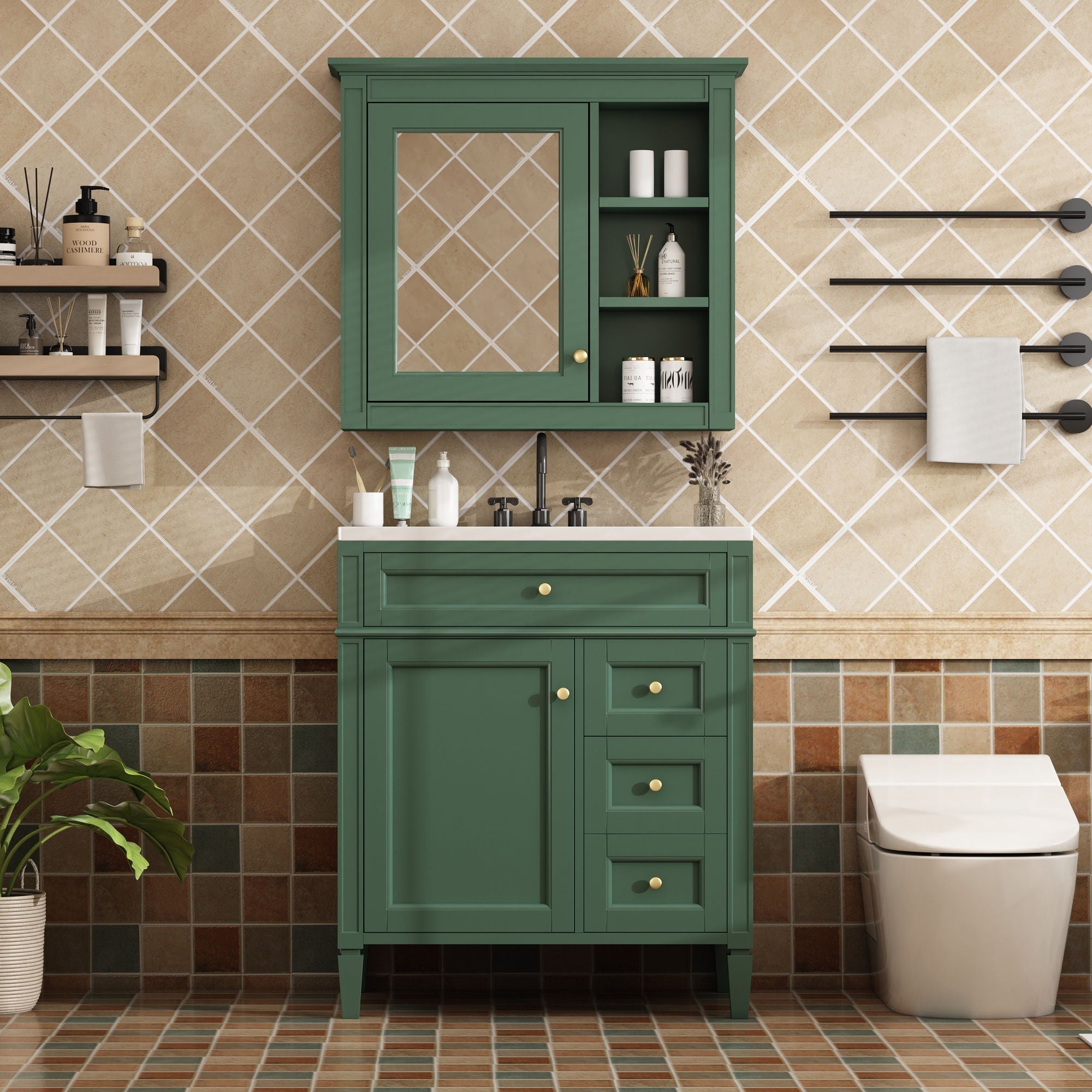 Bathroom Vanity With Top Sink, 2 Doors And 3 Drawers, Freestanding Set With Mirror Cabinet
