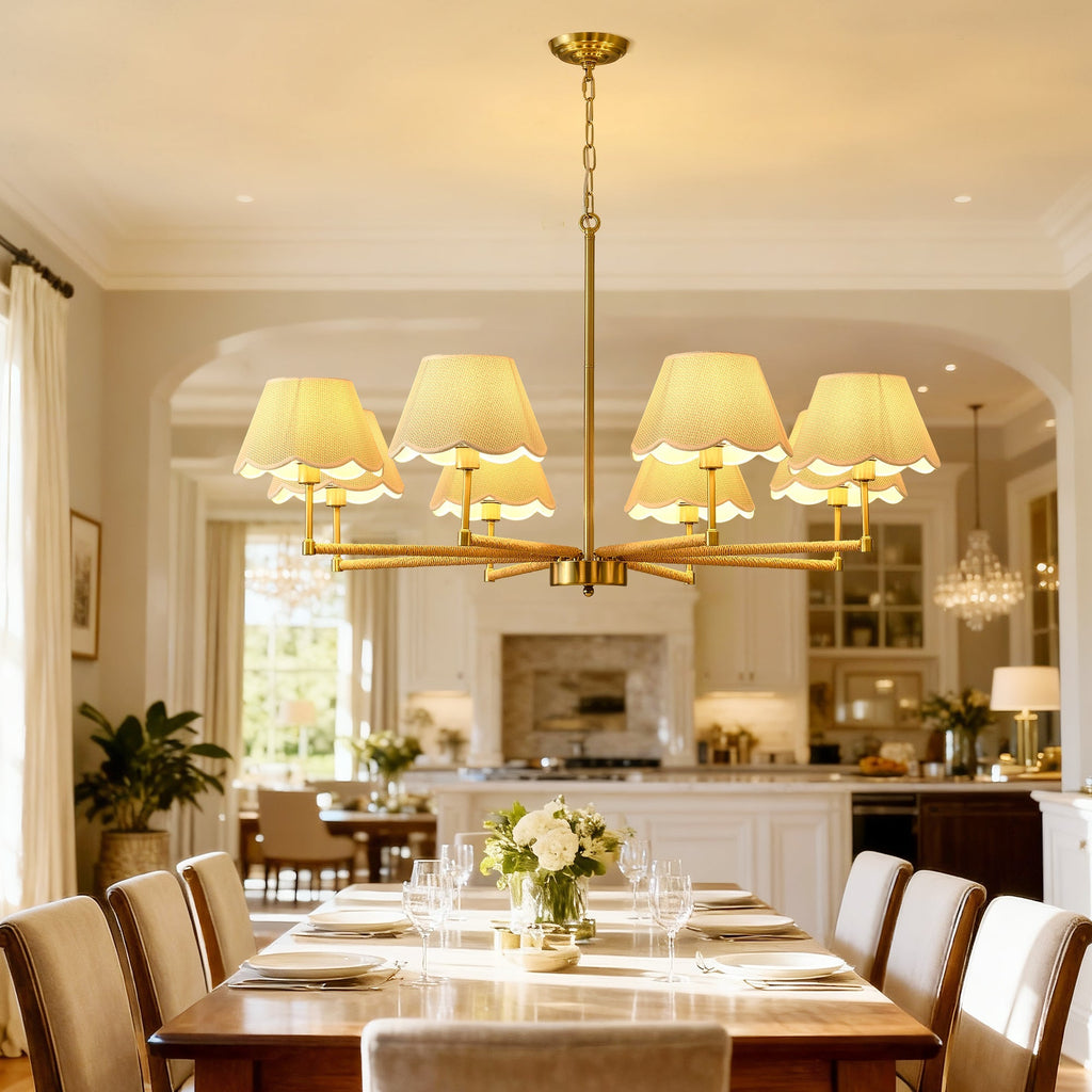 8-Light Rope and Fabric Shade Gold Chandelier