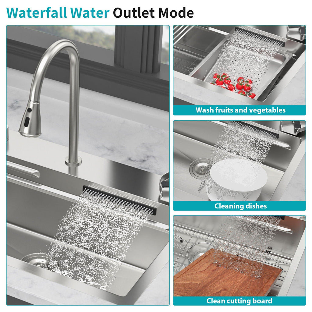 Drop In Waterfall Kitchen Sink With Pull-Out Faucet & Cup Washer