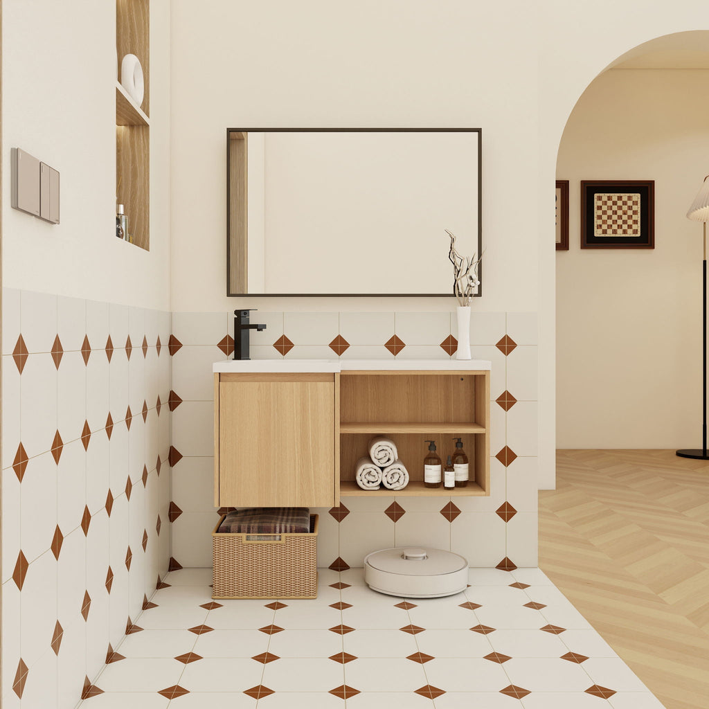 L-Shaped Wall Mounte Floating Bathroom Vanity With Integrated Sink
