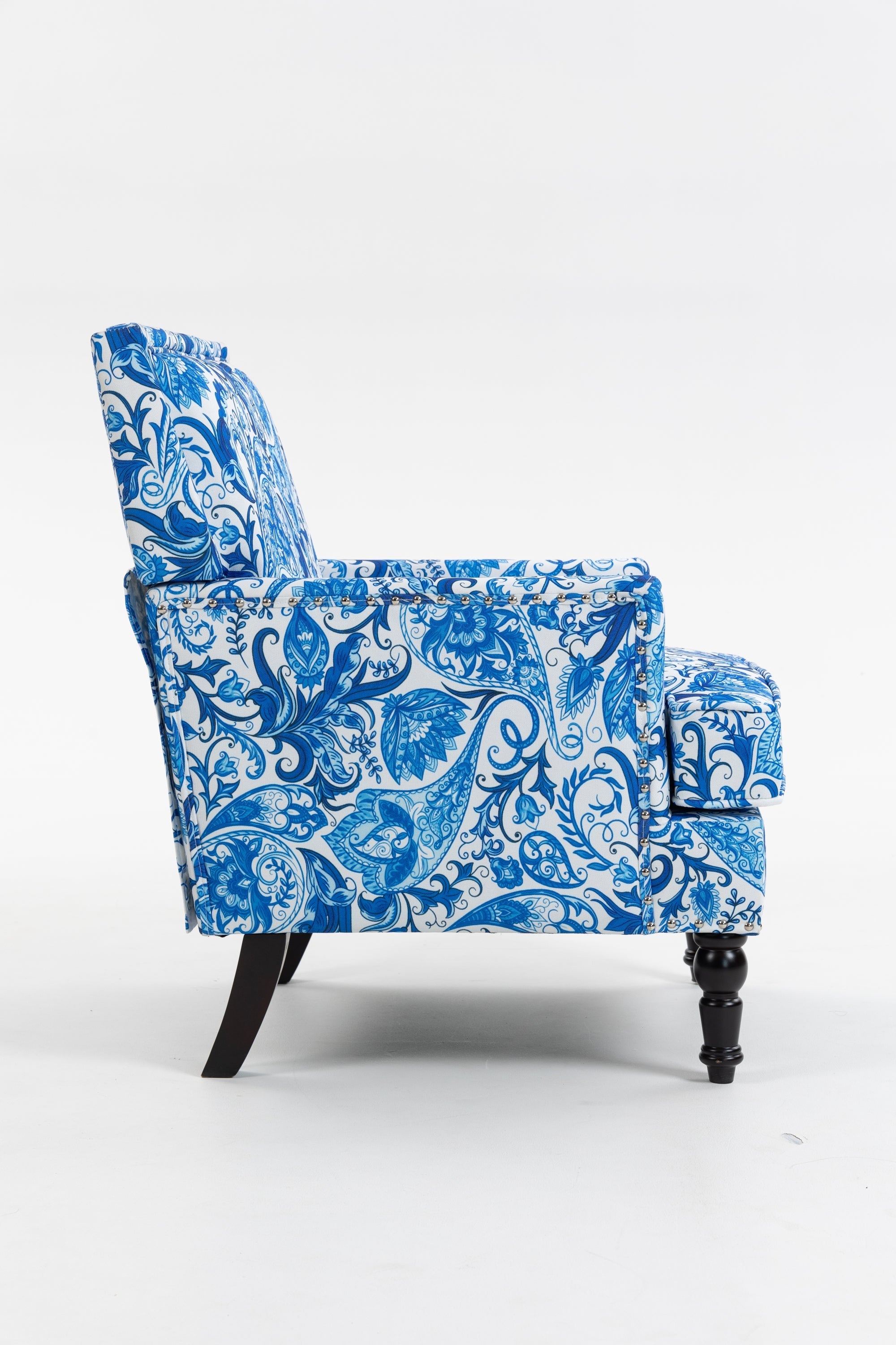 Upholstered Accent Chair with Blue and White Porcelain Print Linen Fabric