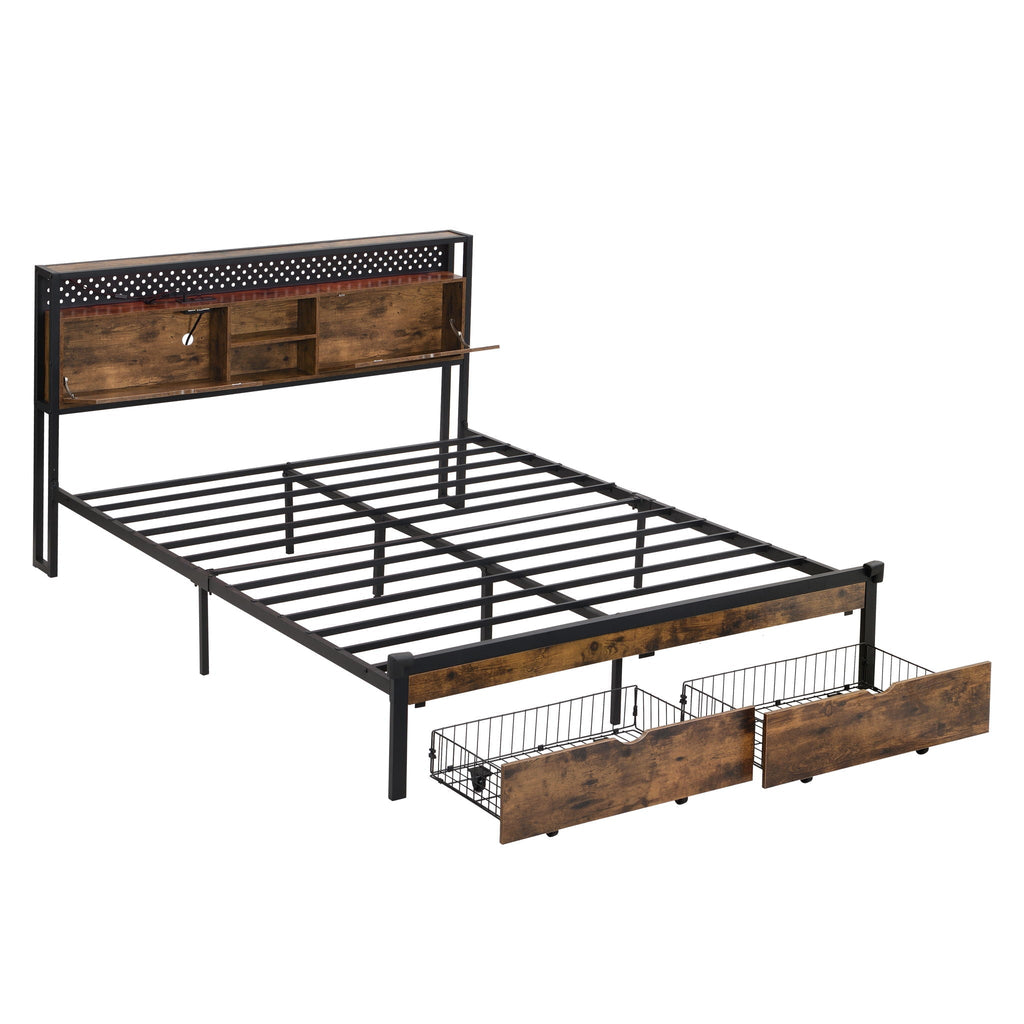 Modern Platform Bed with USB Charging Station, 2 Drawers, and LED Lights